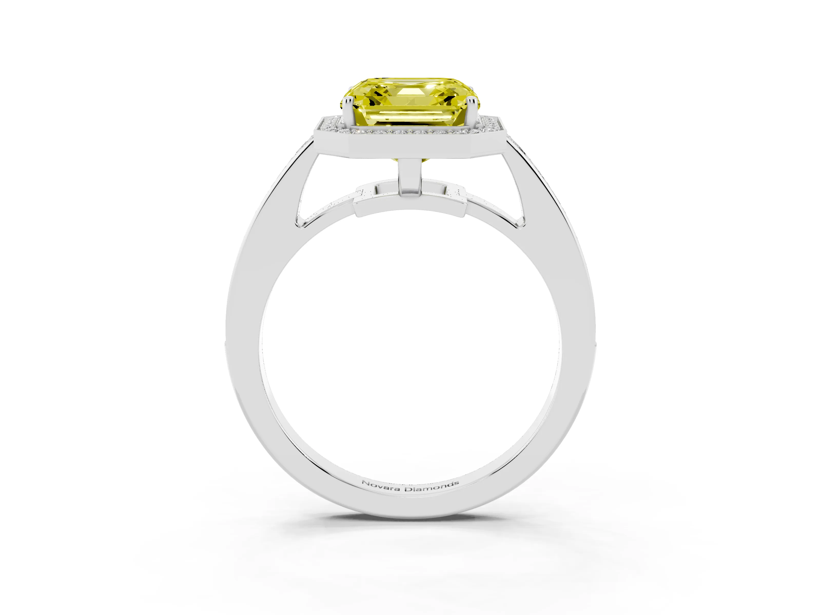 Fancy Yellow Asscher Cut Diamond Halo Pavé Engagement Ring Set in Platinum with Bezel Setting