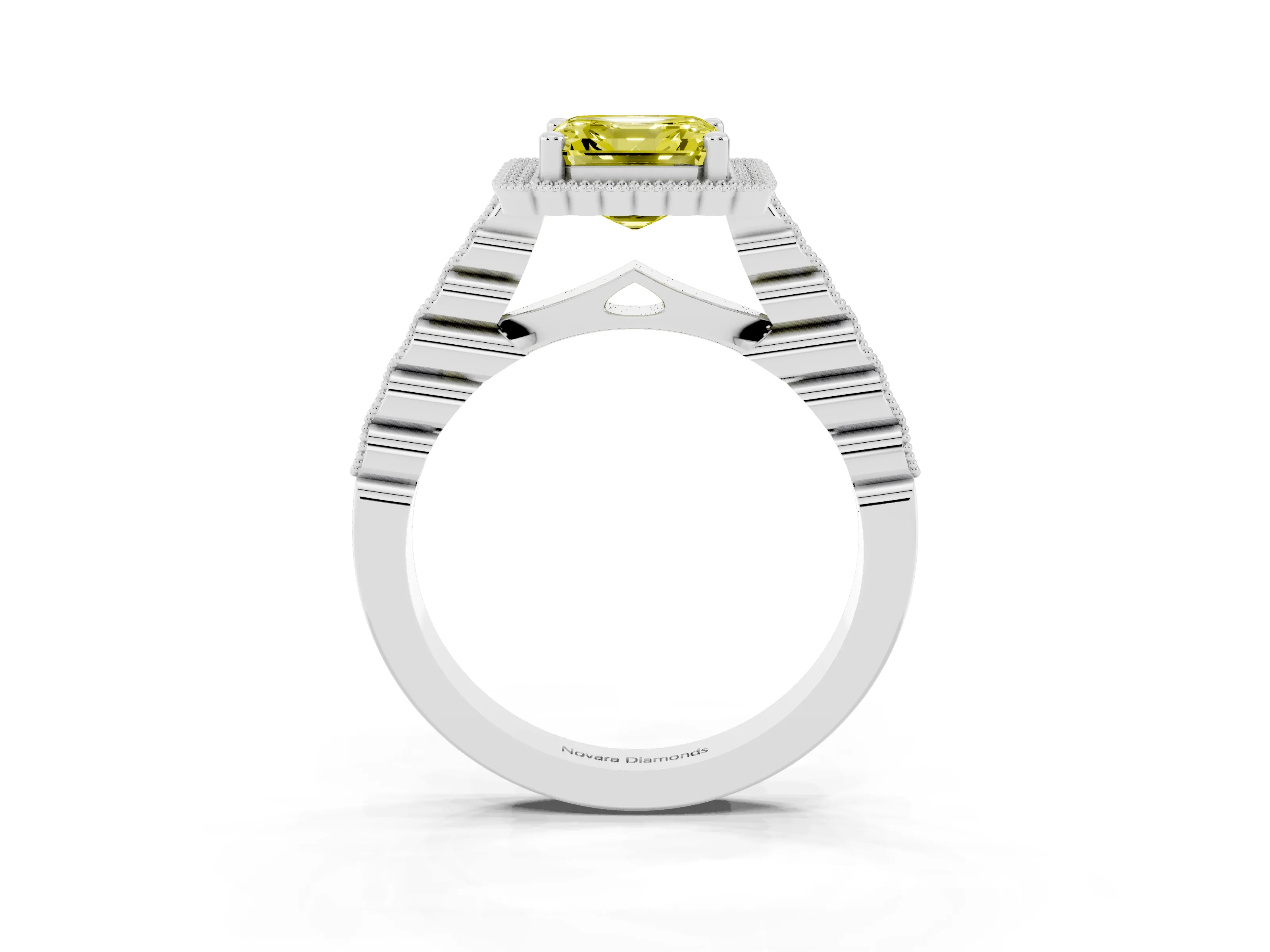 Fancy Yellow Asscher Cut Diamond Halo Ring Set in Platinum with Pavé Milgrain Band