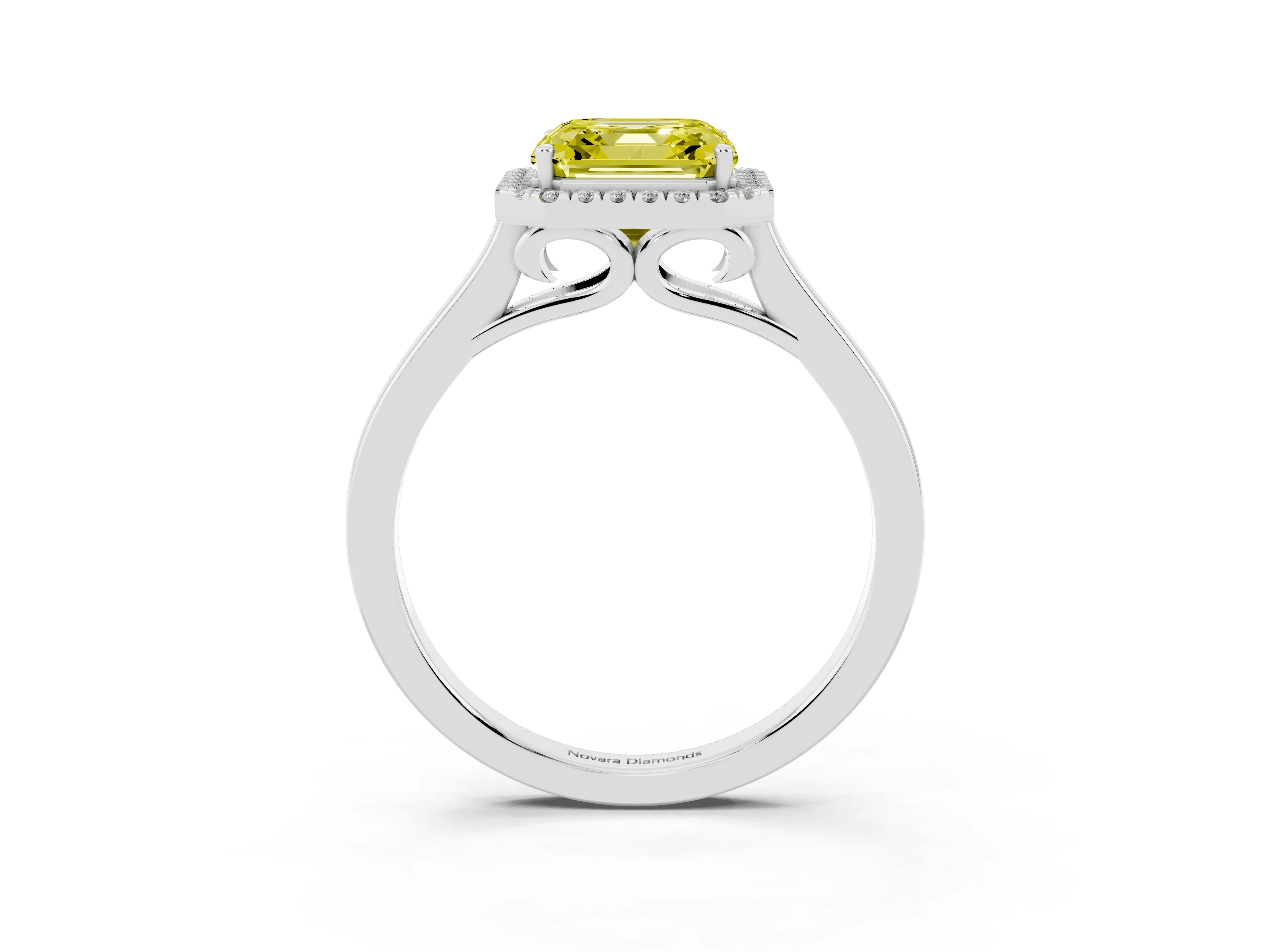 Fancy Yellow Asscher Cut Halo Round Diamond Solitaire Ring Set in Silver with Pavé Band and Prong Setting