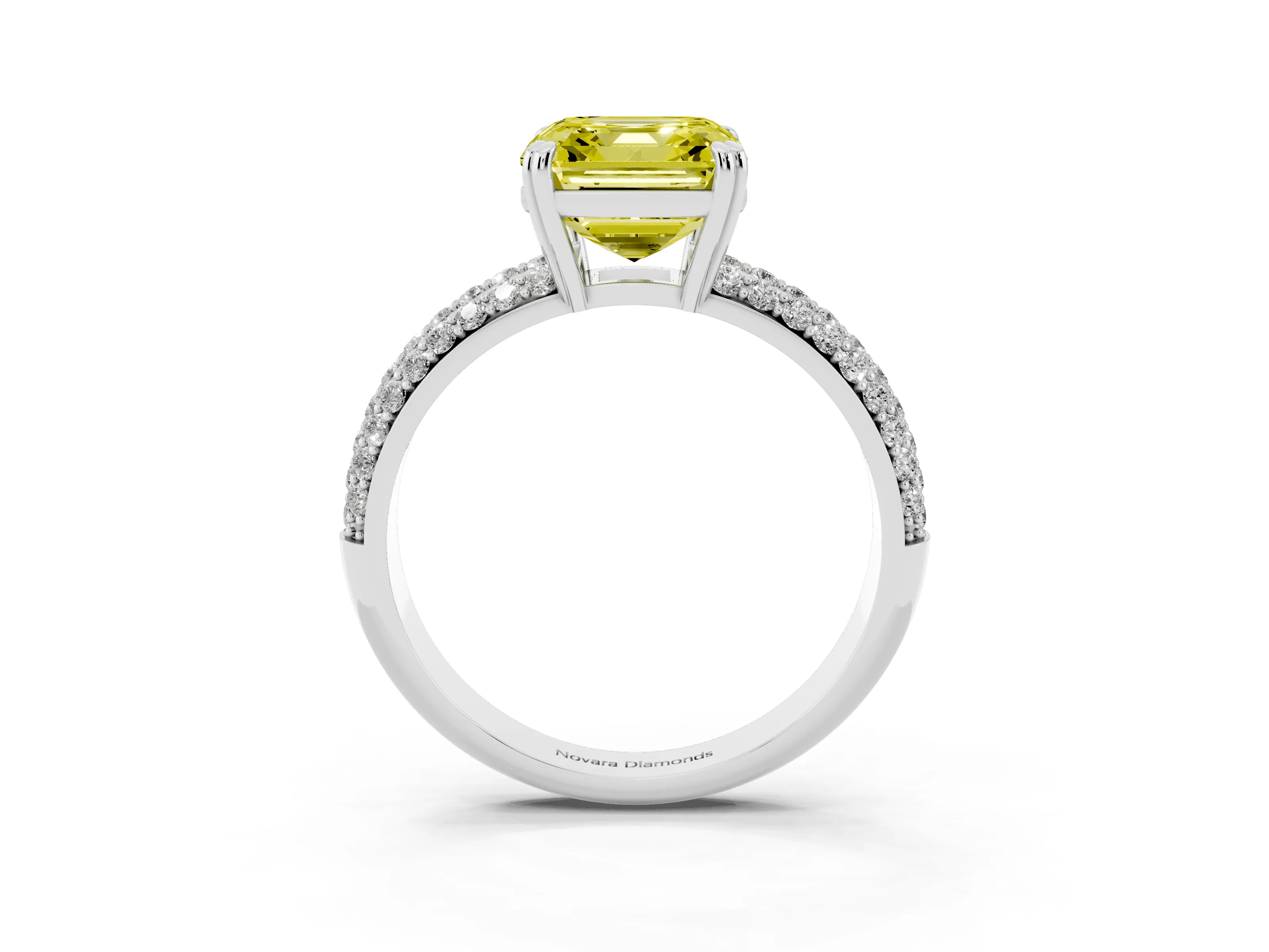 Fancy Yellow Asscher Cut Diamond Solitaire Ring Set in Platinum with Multi-Row Round Pavé Band and Prong Setting
