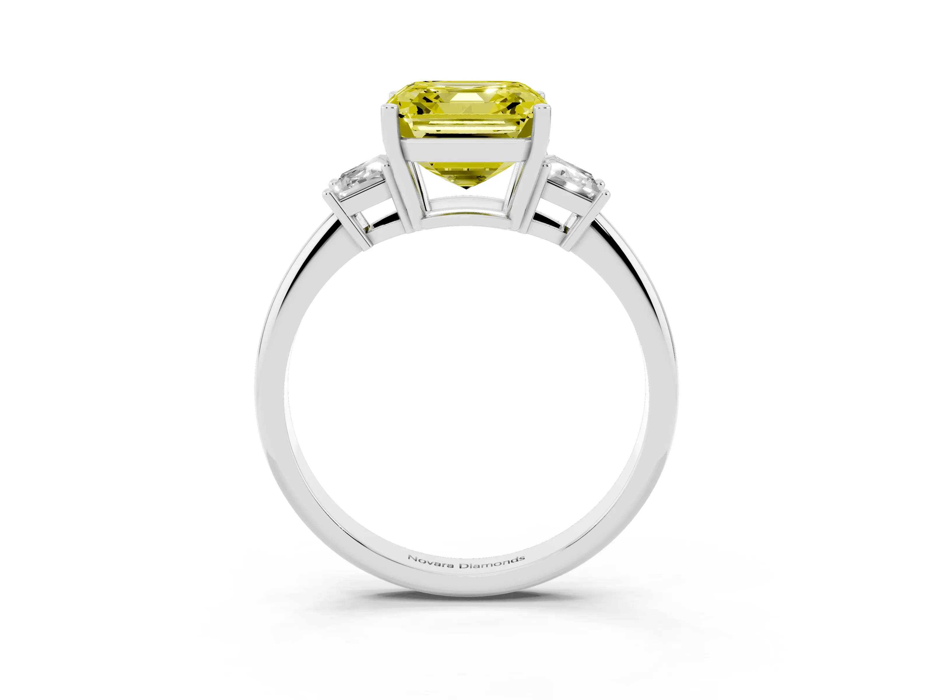 Fancy Yellow Asscher Cut Diamond Three-Stone Ring Set in Silver with Trapezoid Side Stones and Prong Setting