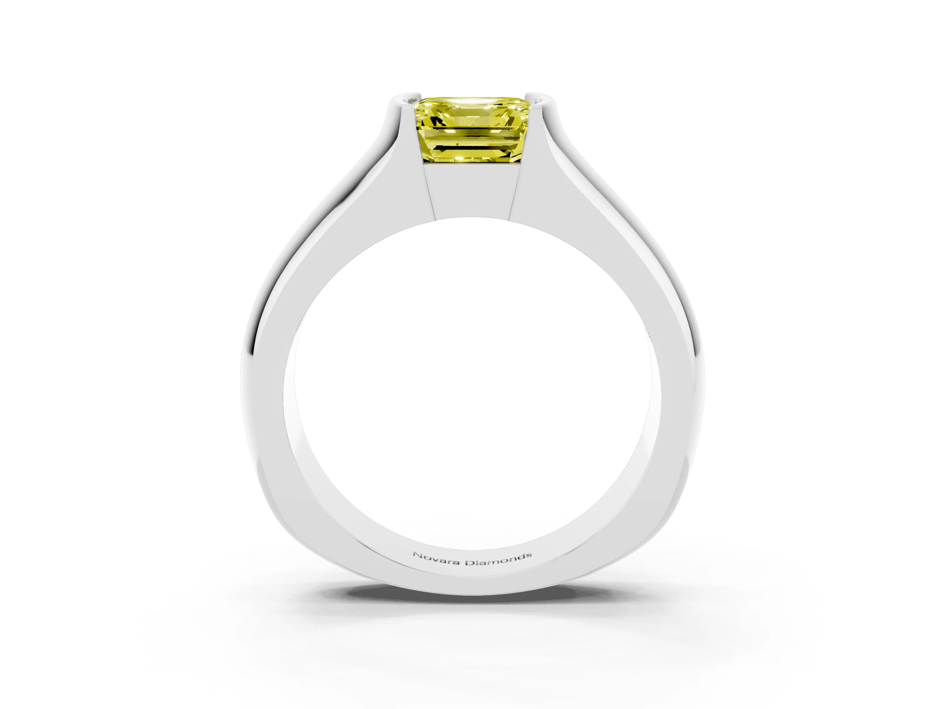 Fancy Yellow Asscher Cut Diamond Bezel Solitaire Ring Set in White gold with Wide Band