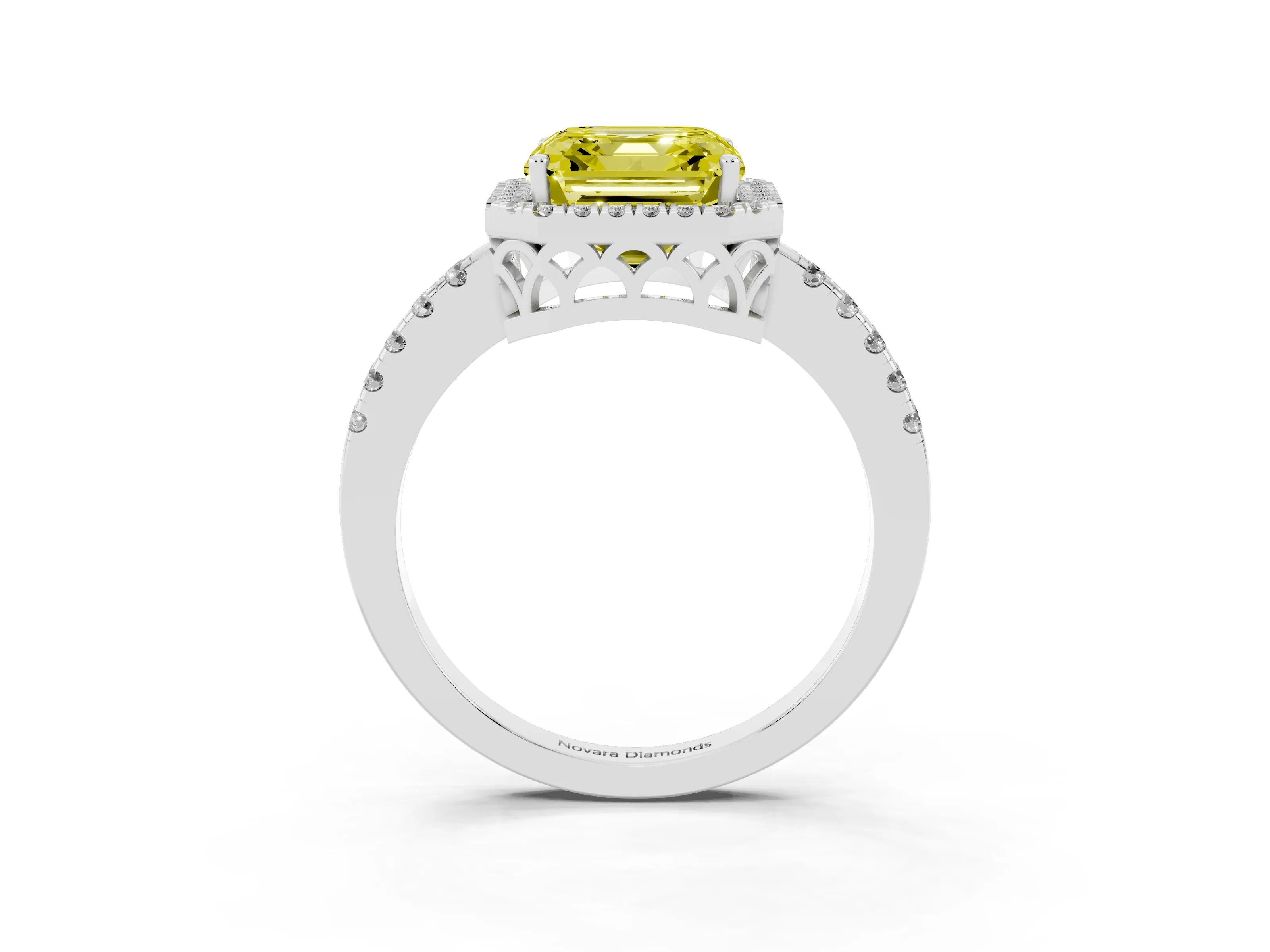 Fancy Yellow Asscher Cut Diamond Pavé Band Halo Engagement Ring Set in White gold with Prong Setting