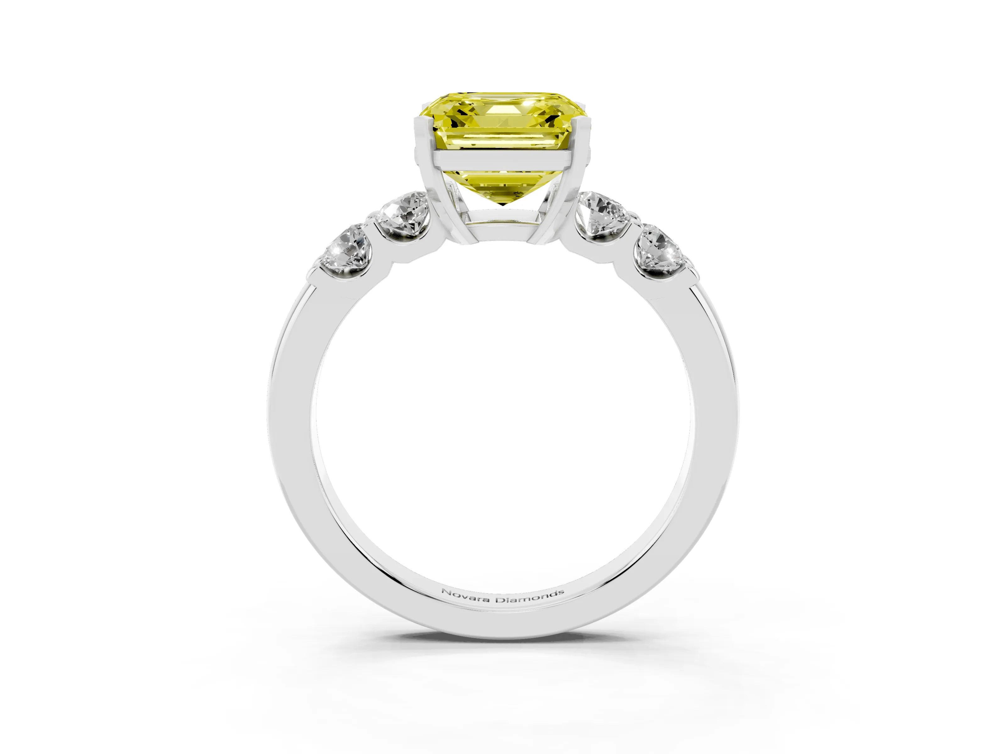 Fancy Yellow Asscher Cut Diamond Five-Stone Prong Set Engagement Ring Set in White gold with Channel Band