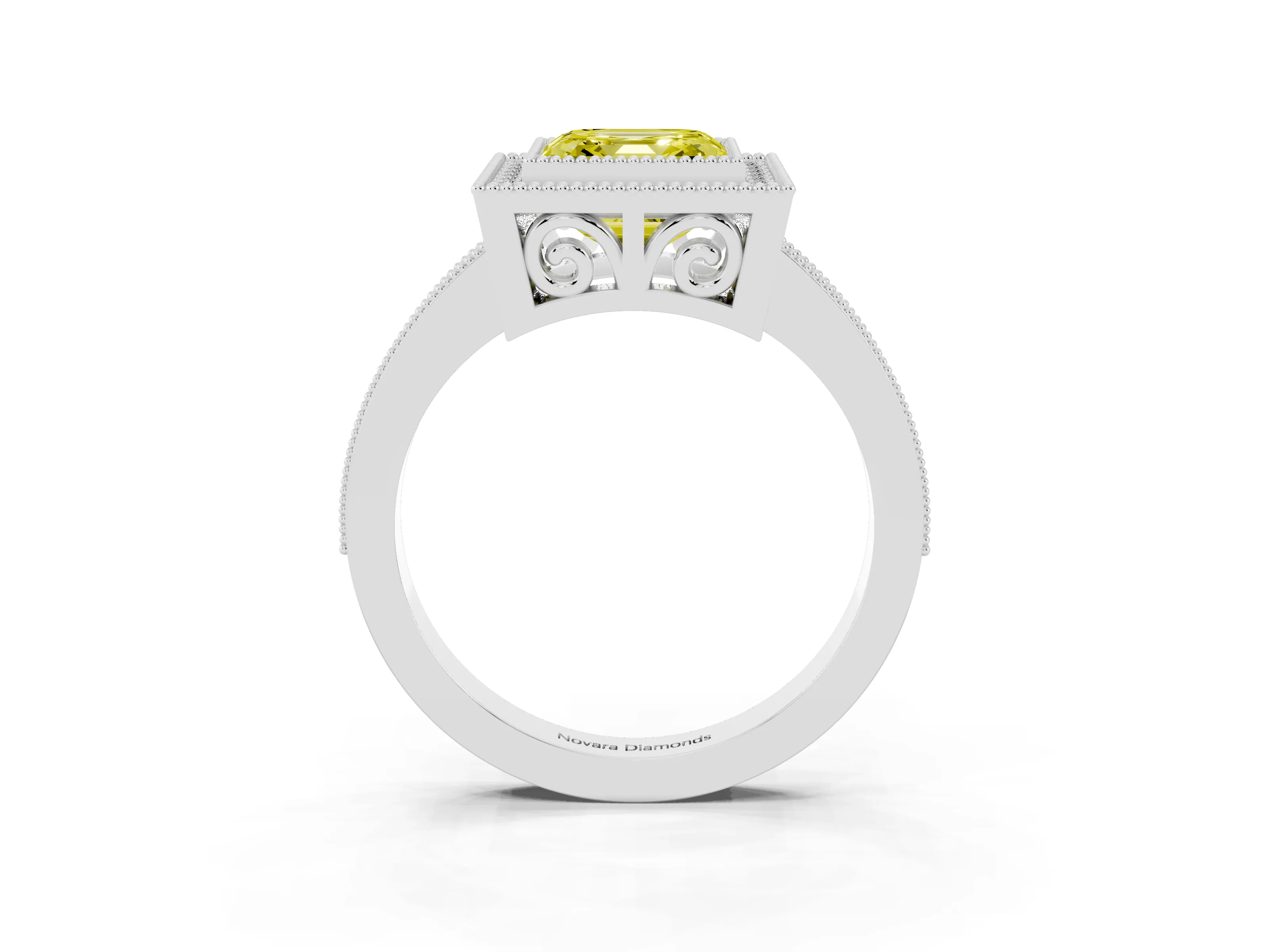 Fancy Yellow Asscher Cut Diamond Round Halo Ring Set in White gold with Pavé Band