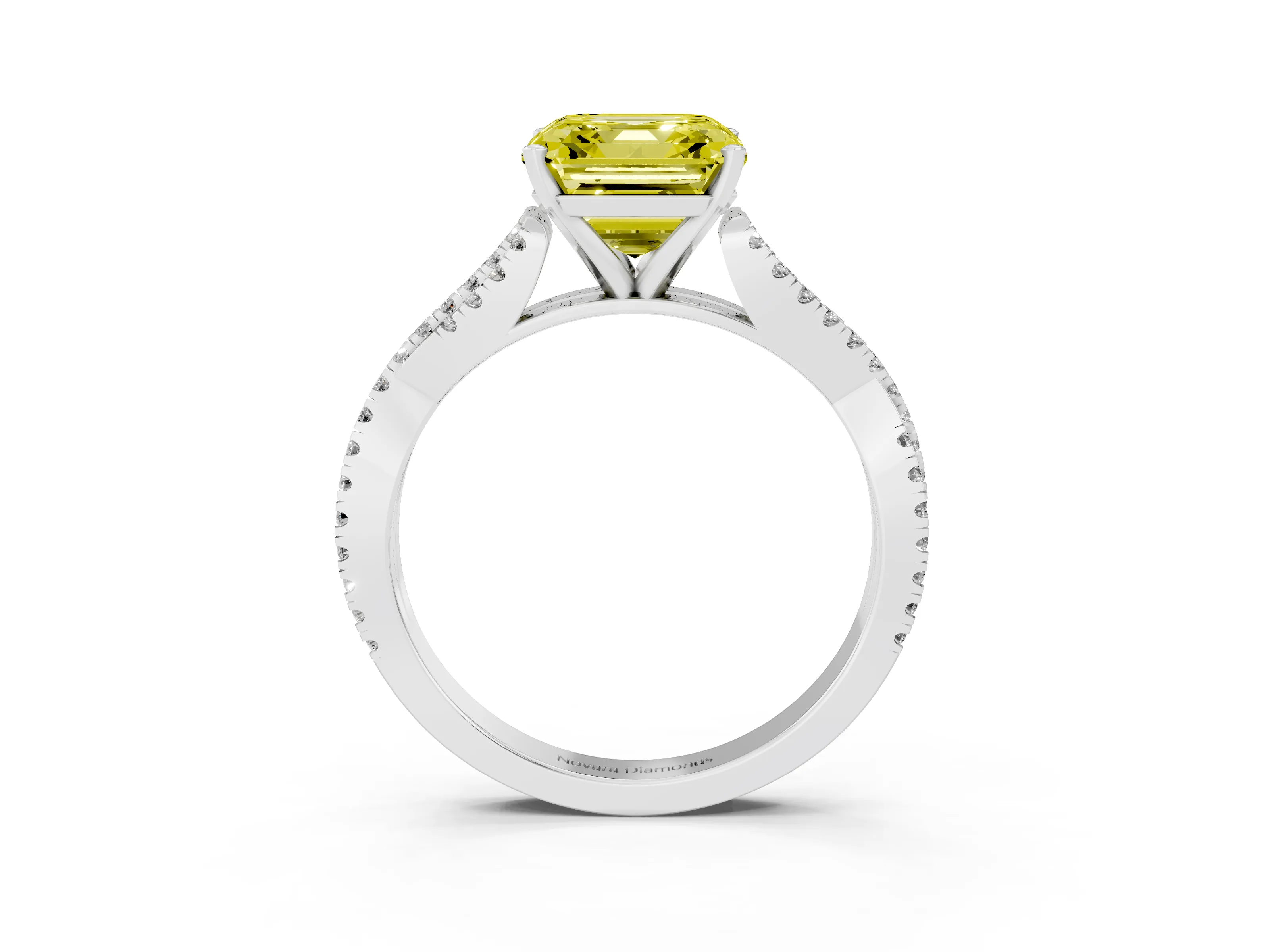 Fancy Yellow Asscher Cut Diamond Solitaire Engagement Ring Set in White gold with Twisted Pavé Band and Prong Setting