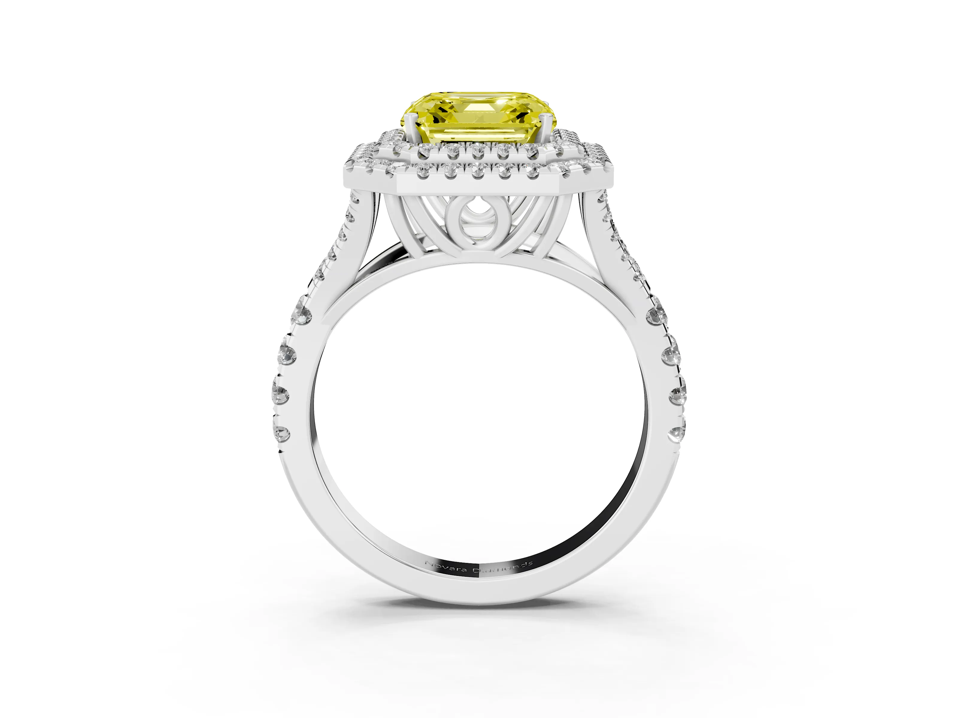 Fancy Yellow Asscher Cut Diamond Pavé Split Shank Double Halo Engagement Ring Set in Platinum