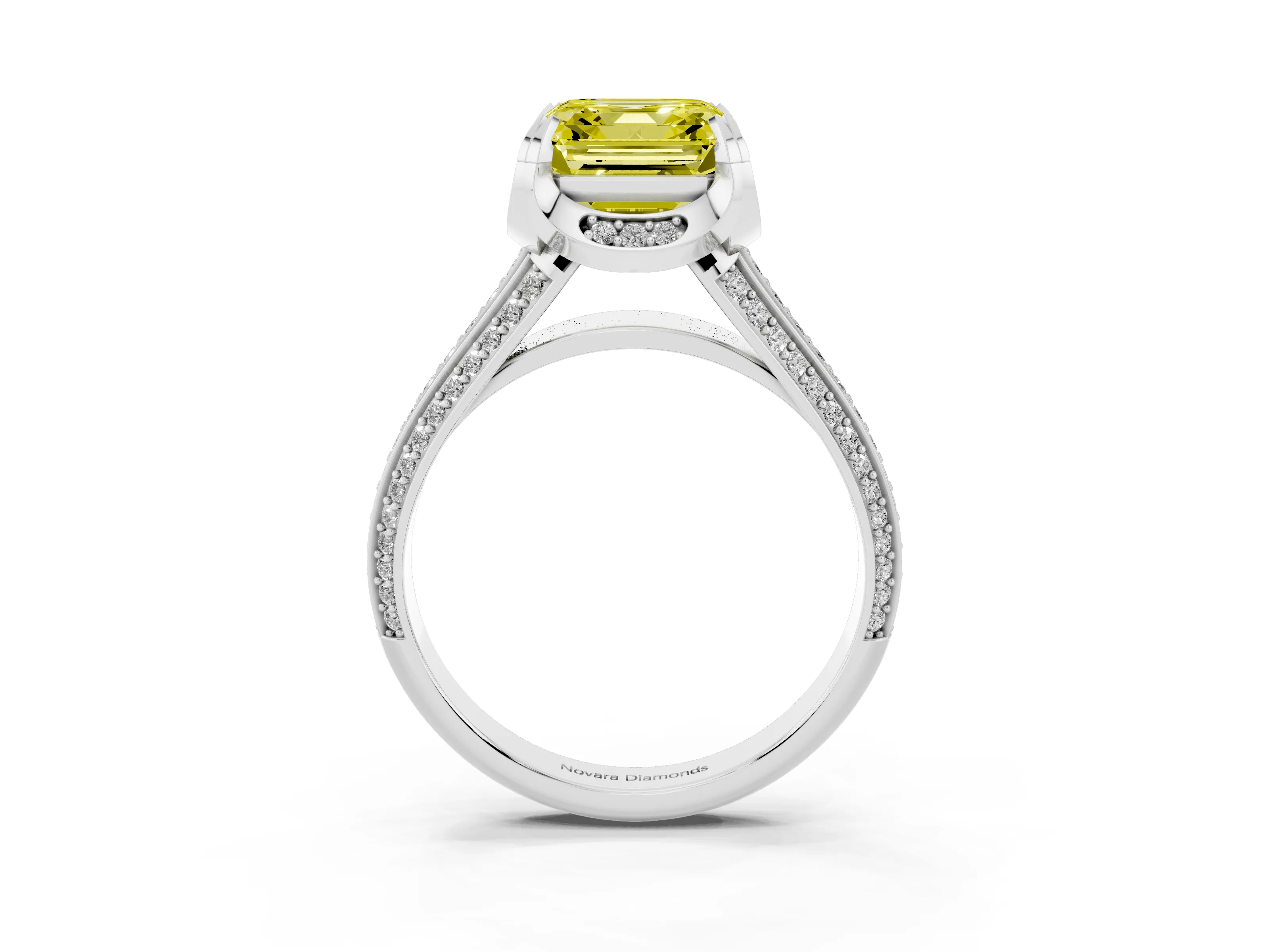 Fancy Yellow Asscher Cut Diamond Pavé Split Shank Solitaire Ring Set in Platinum with Prong Setting