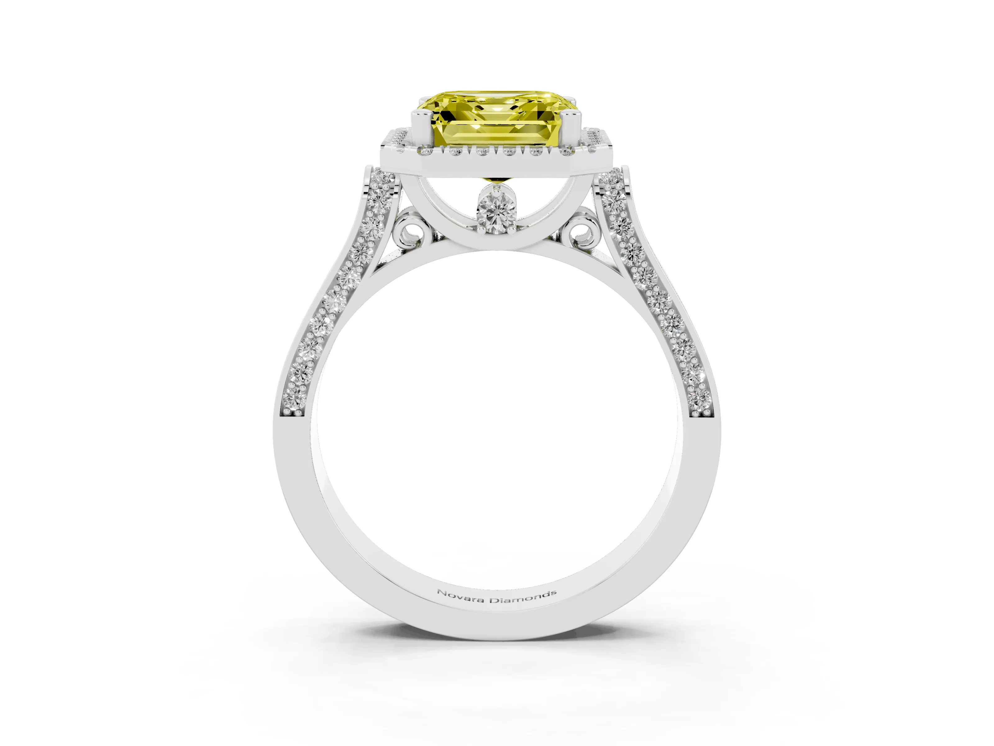 Fancy Yellow Asscher Cut Diamond Halo Ring Set in Silver with Pavé-Lined Split Shank Band