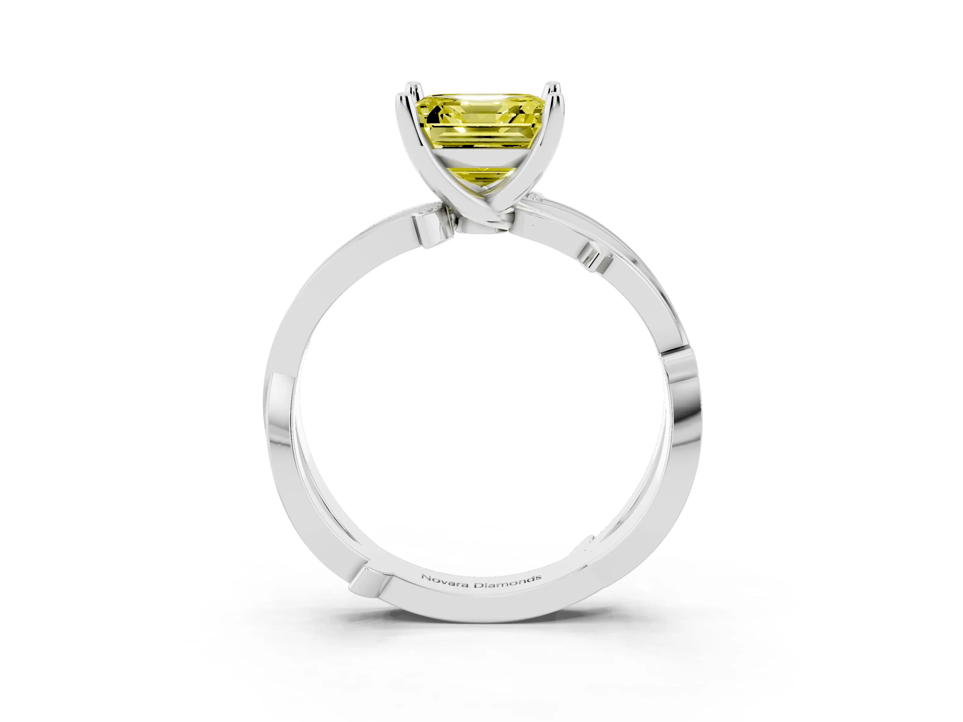 Fancy Yellow Asscher Cut Diamond Pavé Twist Band Solitaire Ring Set in White gold with Prong Setting