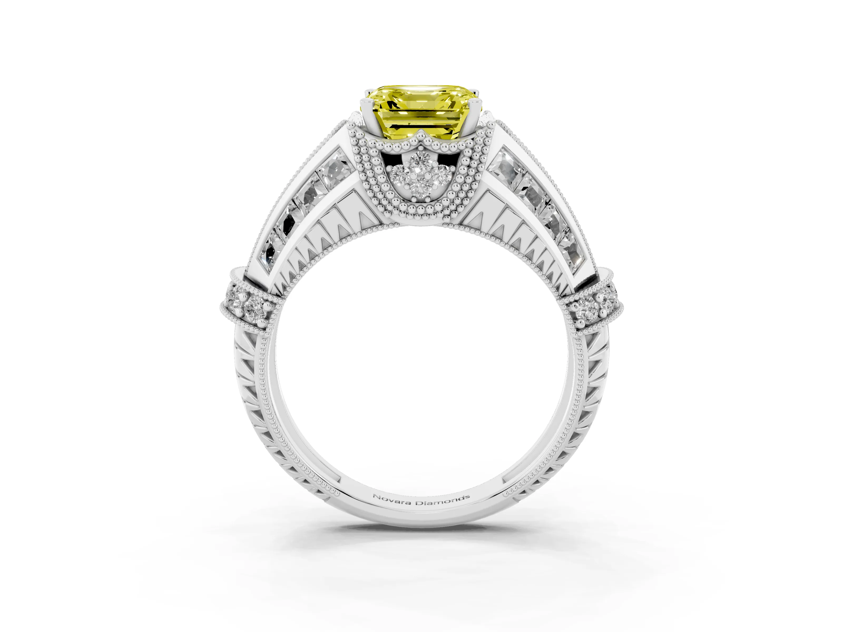 Fancy Yellow Asscher Cut Diamond Vintage-Inspired Milgrain Ring Set in Platinum with Accent Split Shank
