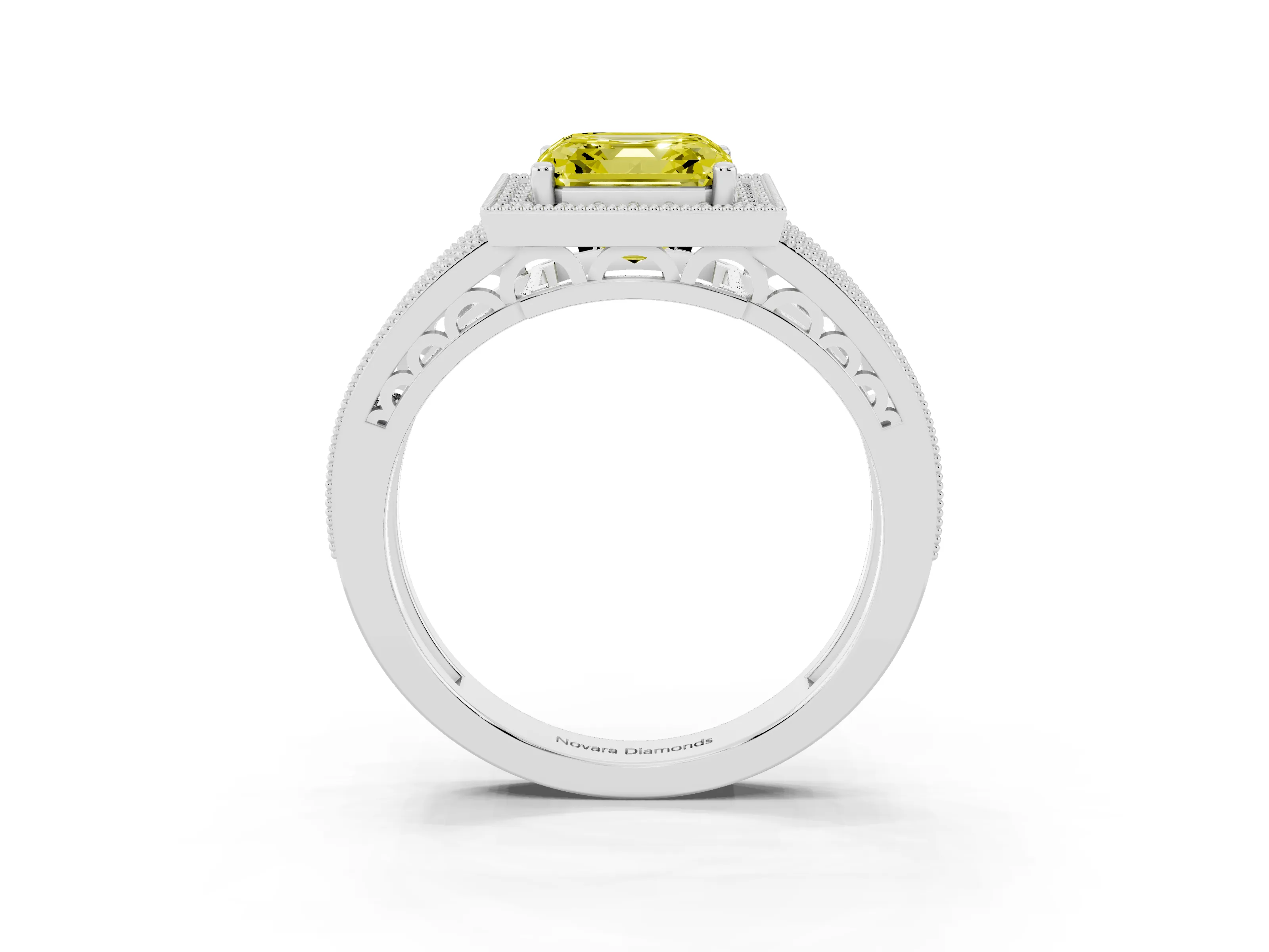 Fancy Yellow Asscher Cut Diamond Halo Ring Set in White gold with Accent Split Shank and Prong Setting