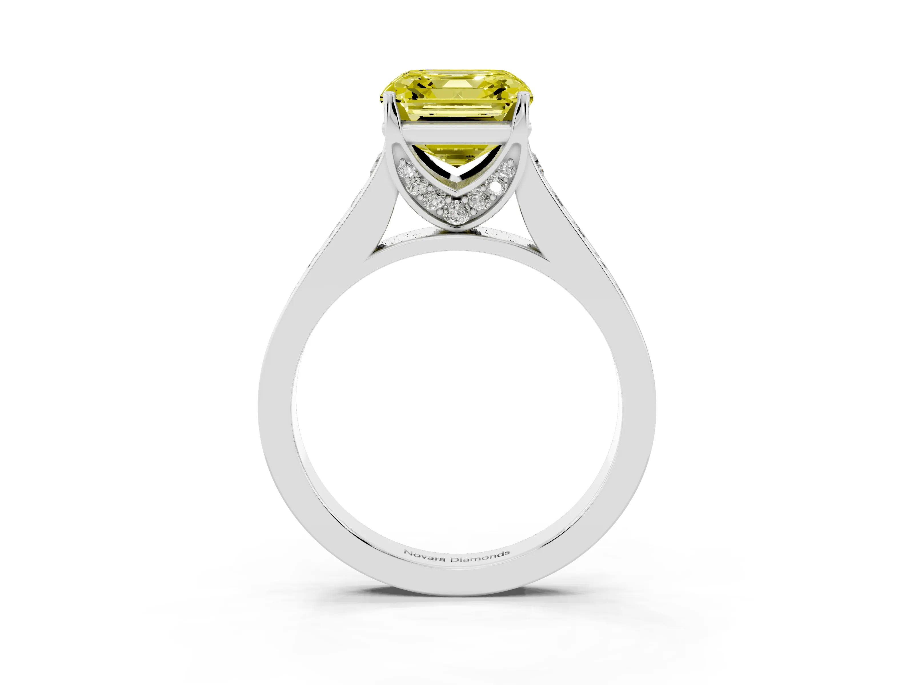 Fancy Yellow Asscher Cut Diamond Solitaire Pavé Engagement Ring Set in White gold with Prong Setting