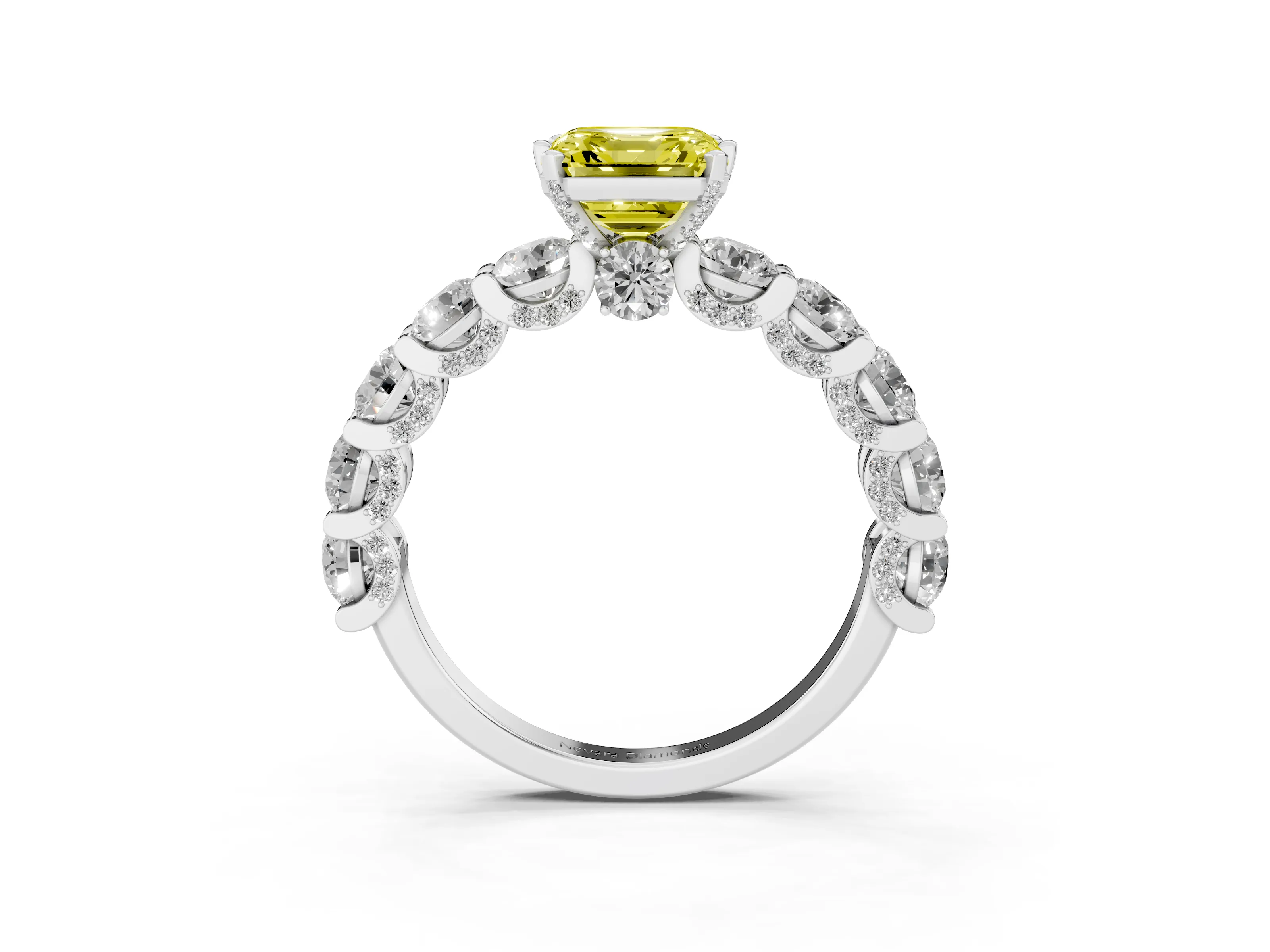 Fancy Yellow Asscher Cut Diamond Side Stone Ring Set in Platinum with Alternating Round and Oval Side Stones