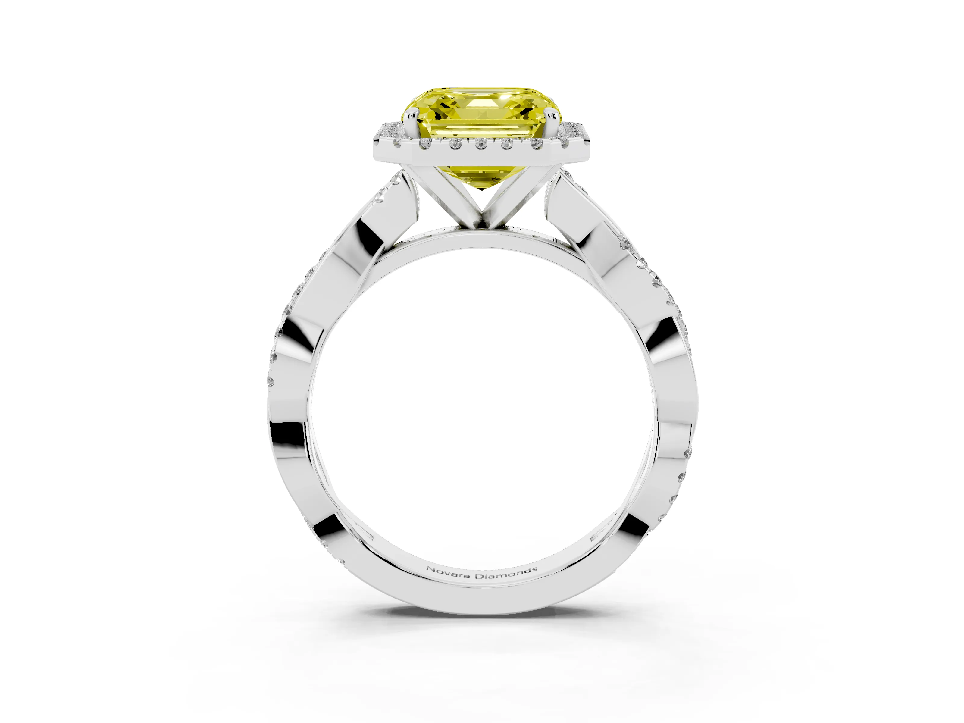 Fancy Yellow Asscher Cut Diamond Halo Twisted Band Ring Set in Platinum with Prong Setting