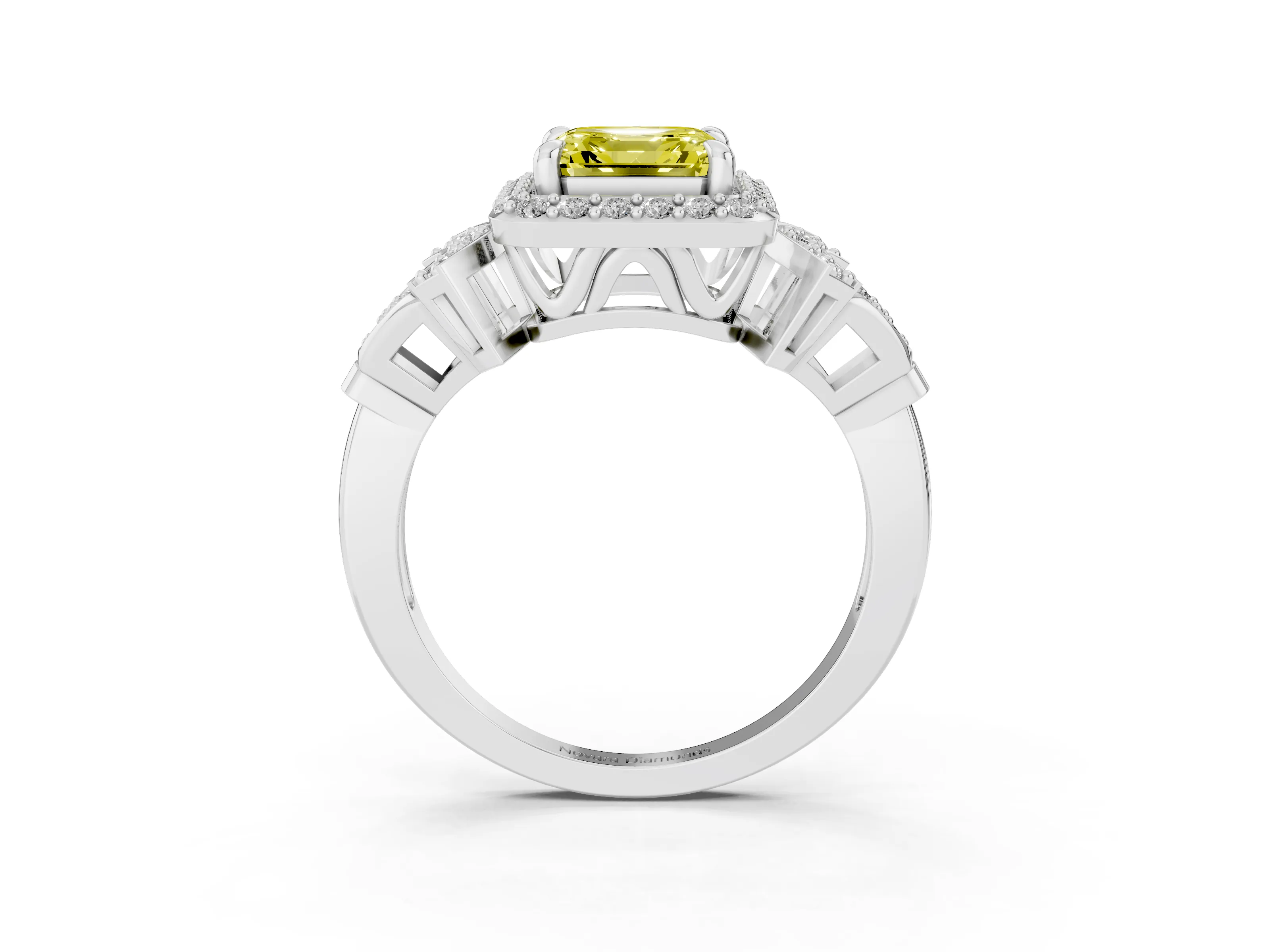 Fancy Yellow Asscher Cut Diamond Halo Engagement Ring Set in Platinum with Accent Stone Split Shank