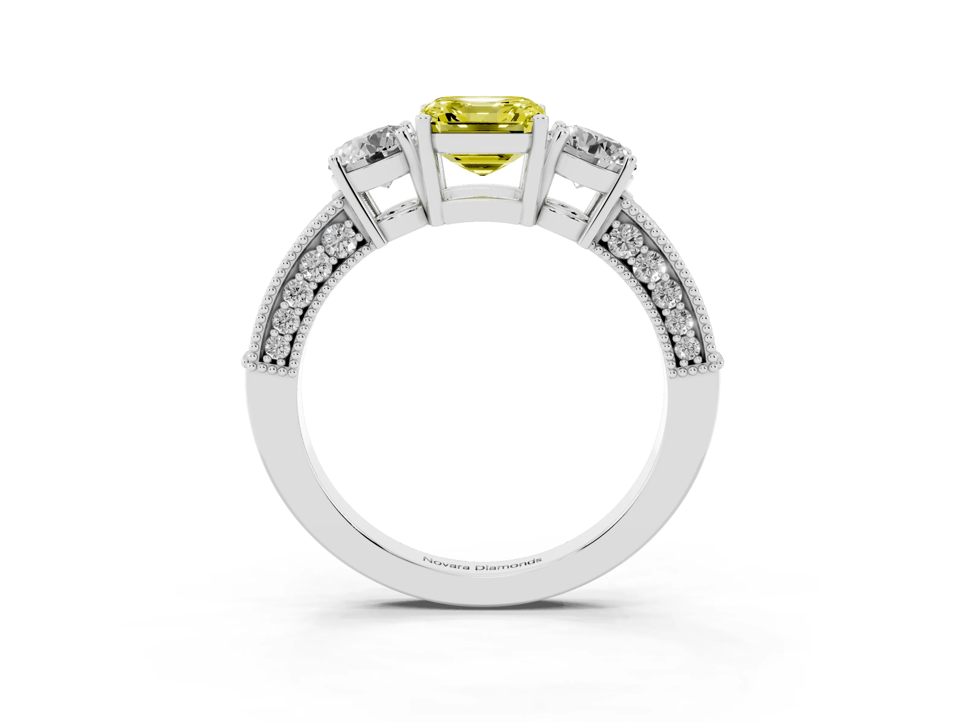 Fancy Yellow Asscher Cut Diamond Three-Stone Ring Set in White gold with Round Side Stones and Pavé Band