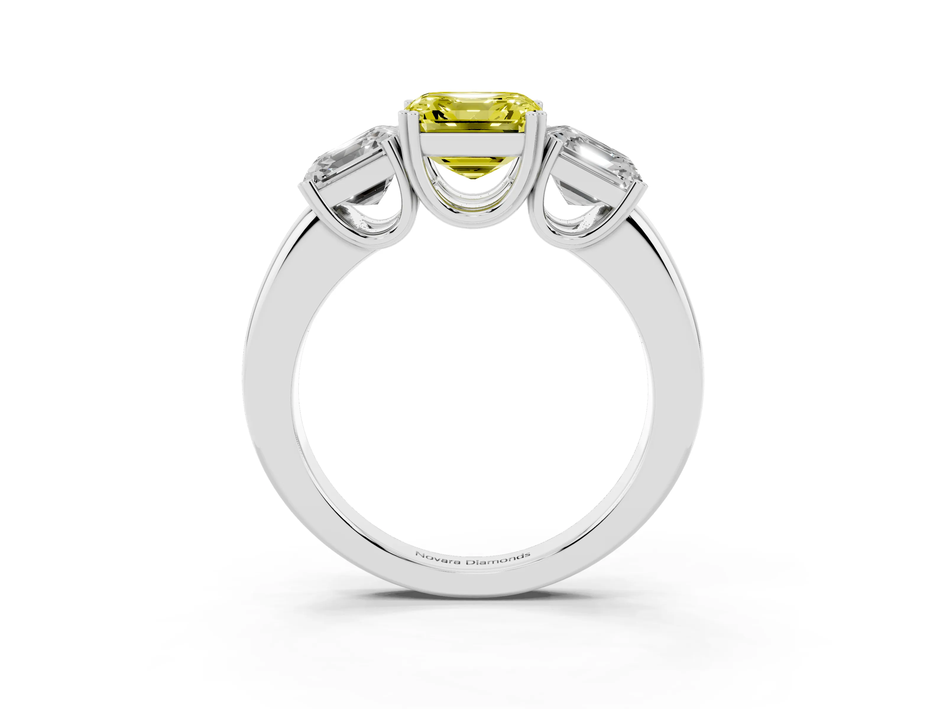 Fancy Yellow Asscher Cut Diamond Three-Stone Ring Set in Silver with Polished Band and Prong Setting