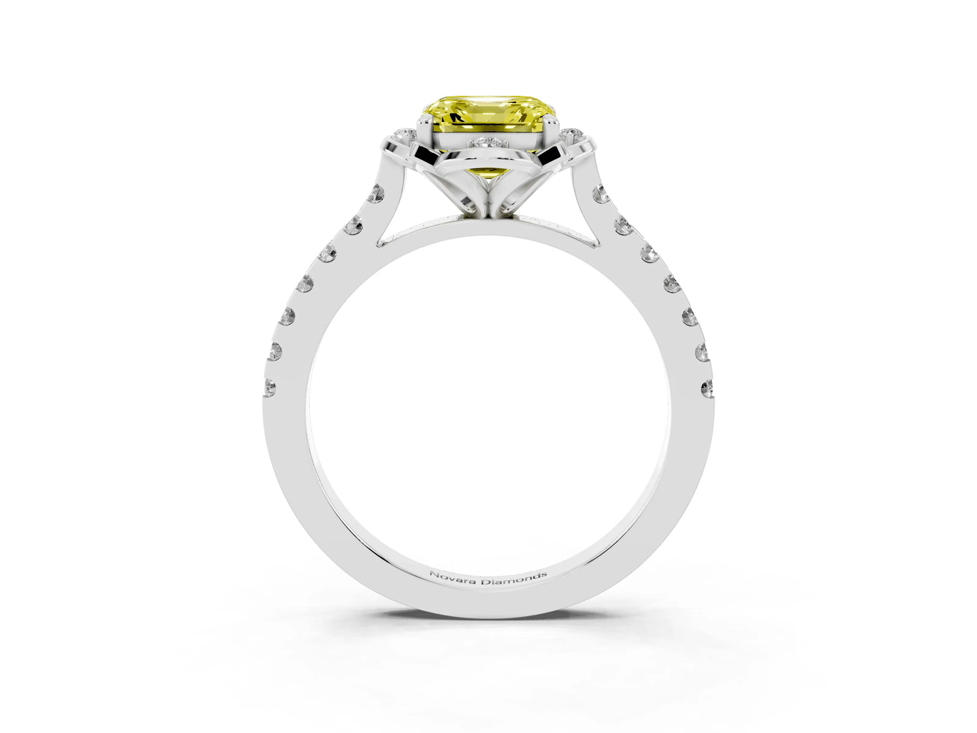 Fancy Yellow Asscher Cut Diamond Solitaire Ring Set in Platinum with Pavé Band and Floral Prong Setting