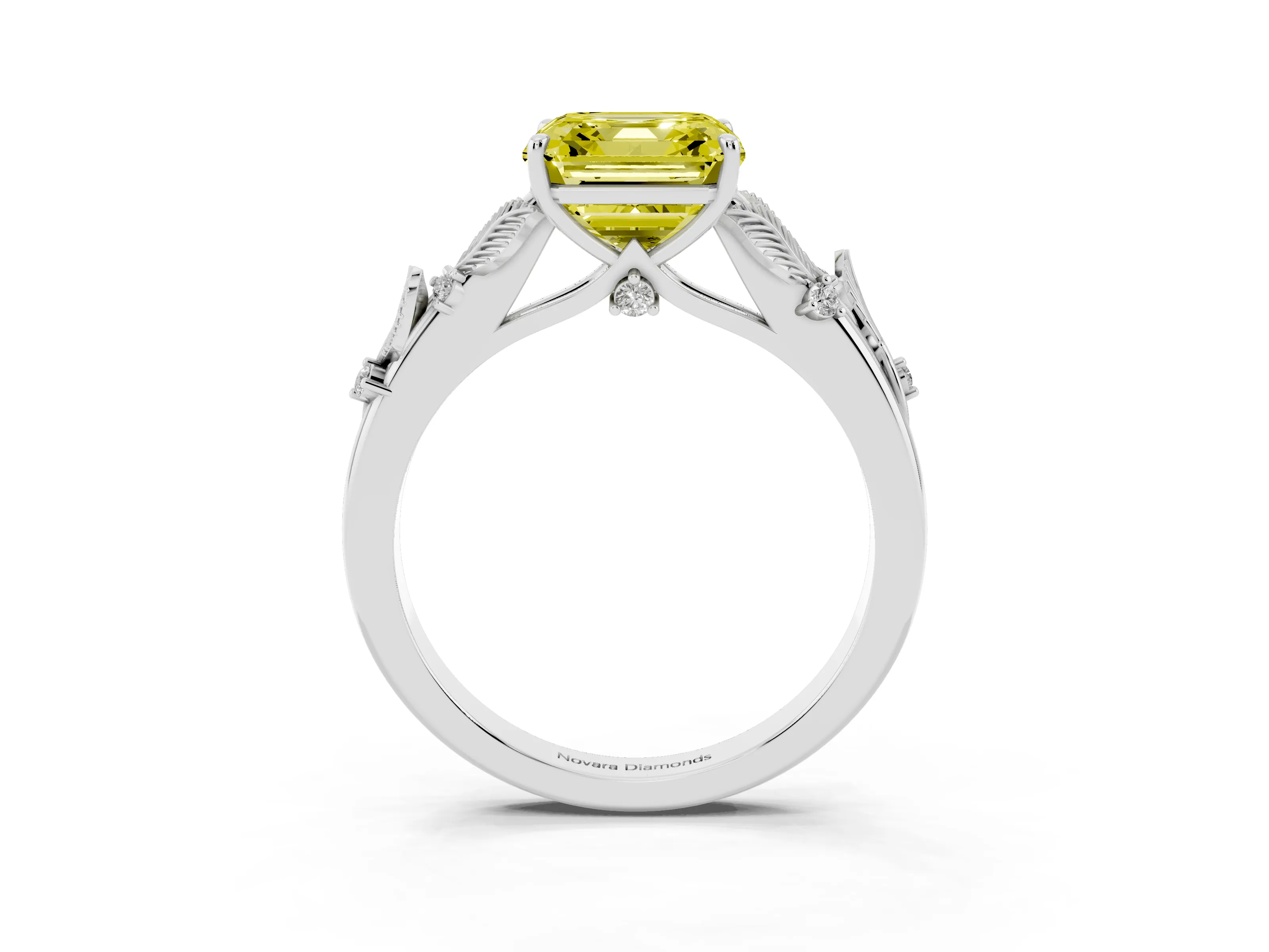 Fancy Yellow Asscher Cut Diamond Solitaire Ring Set in White gold with Leaf Motif Band