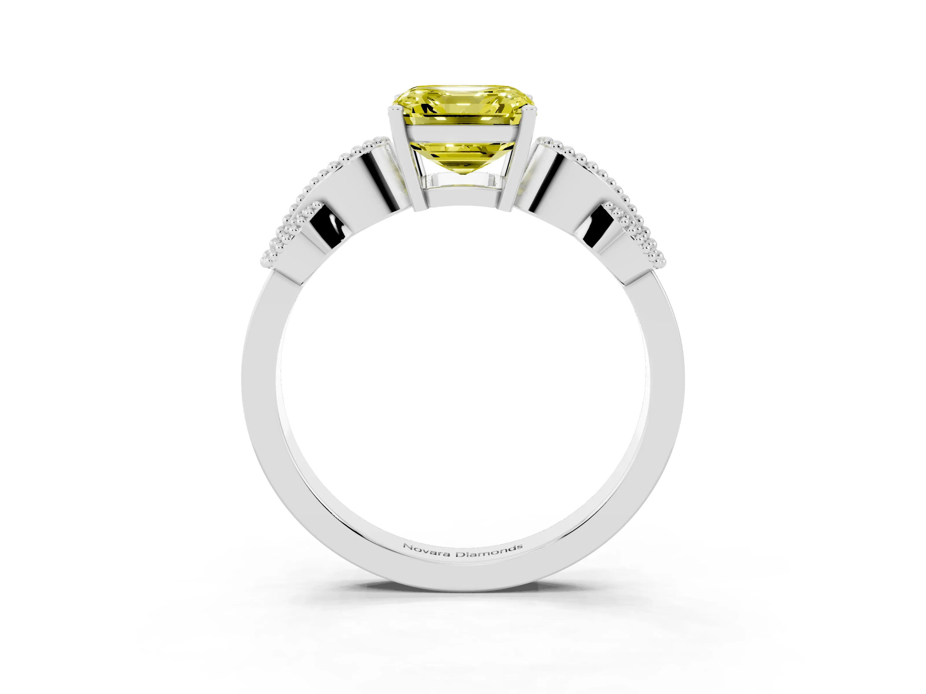 Fancy Yellow Asscher Cut Diamond Milgrain Leaf Band Solitaire Ring Set in White gold with Accent Stones and Prong Setting