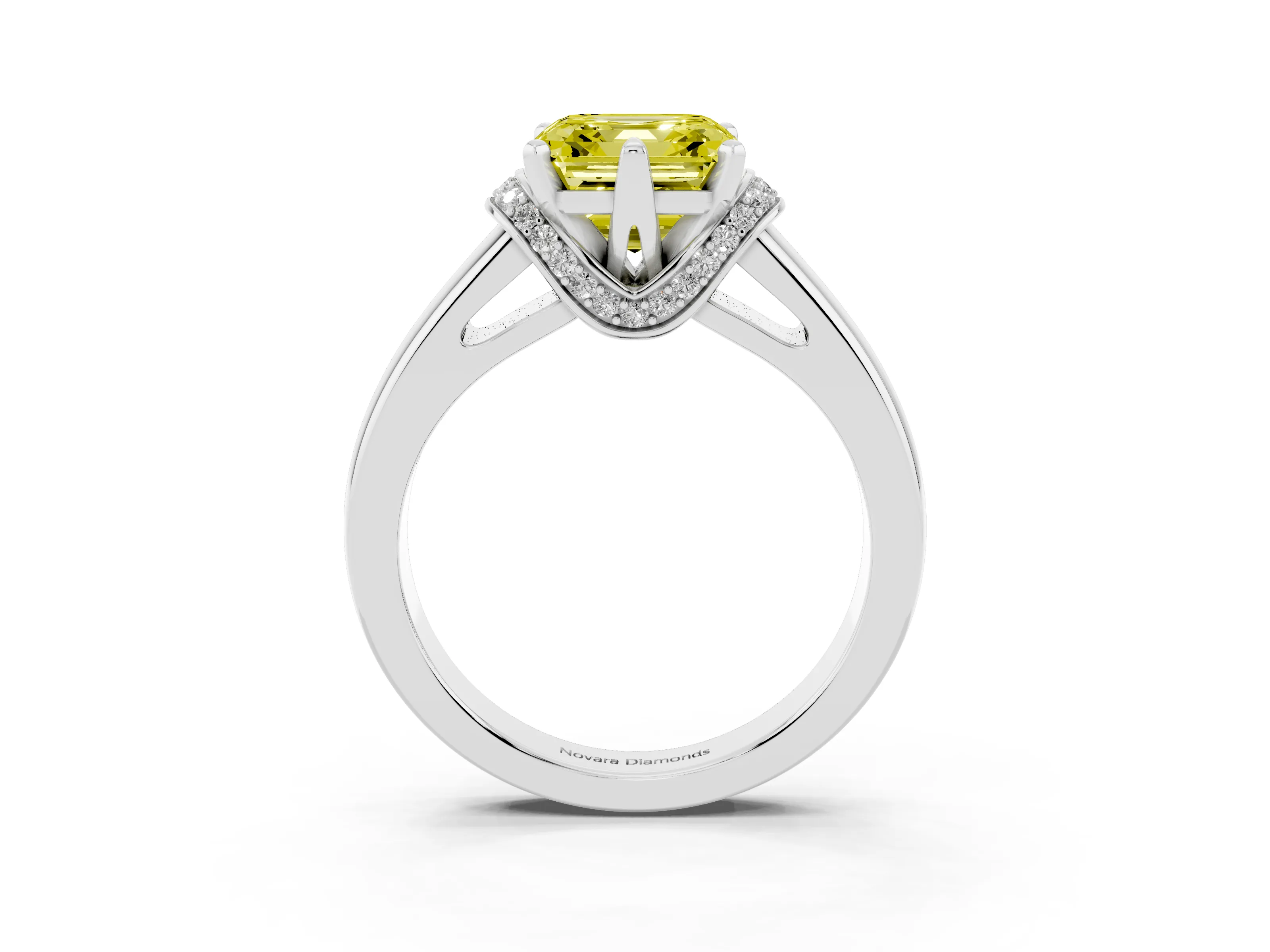 Fancy Yellow Asscher Cut Diamond Pavé Band Solitaire Ring Set in Silver with Prong Setting