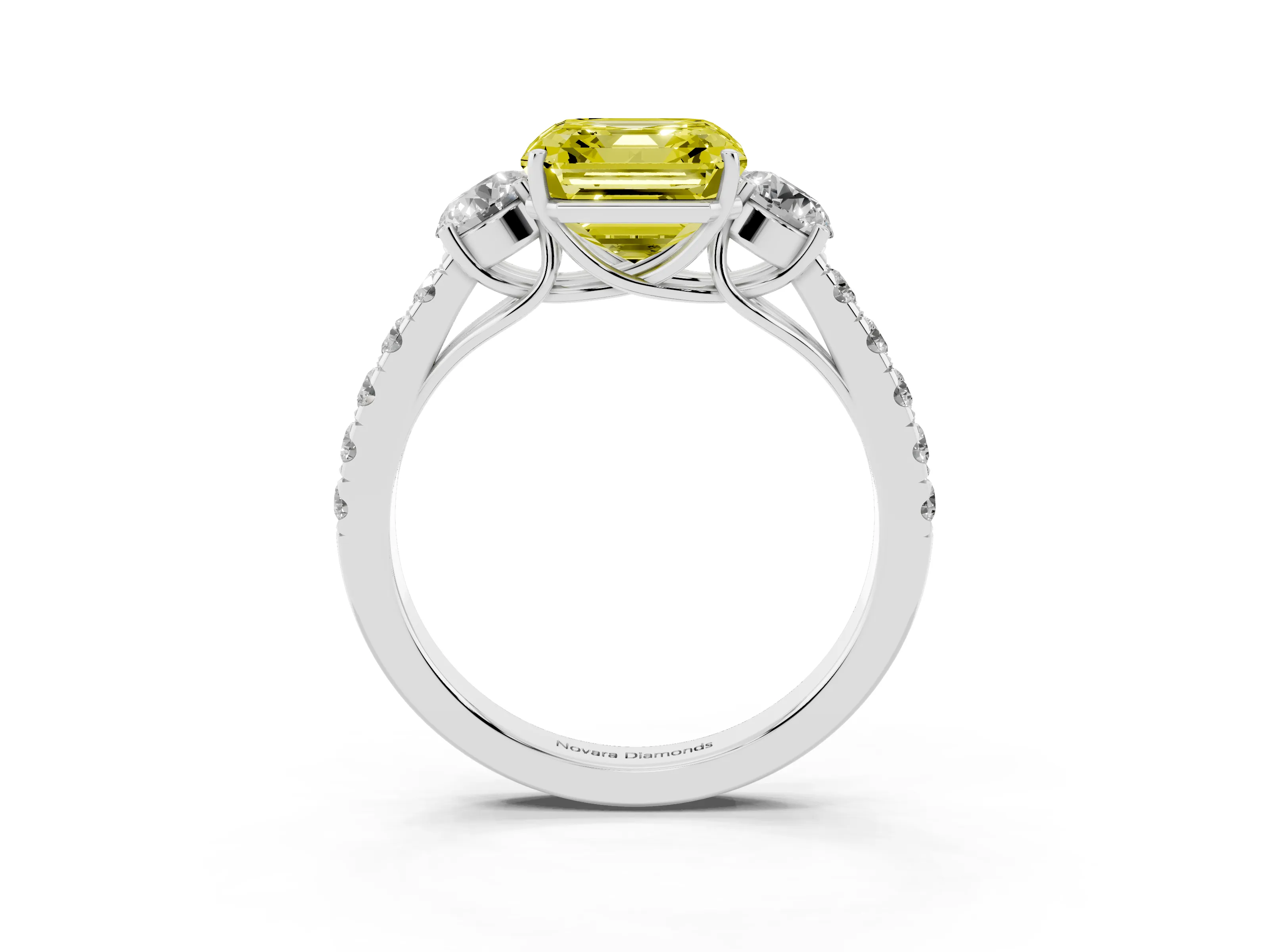 Fancy Yellow Asscher Cut Diamond Three-Stone Ring Set in Platinum with Round Side Stones and Delicate Pavé Band