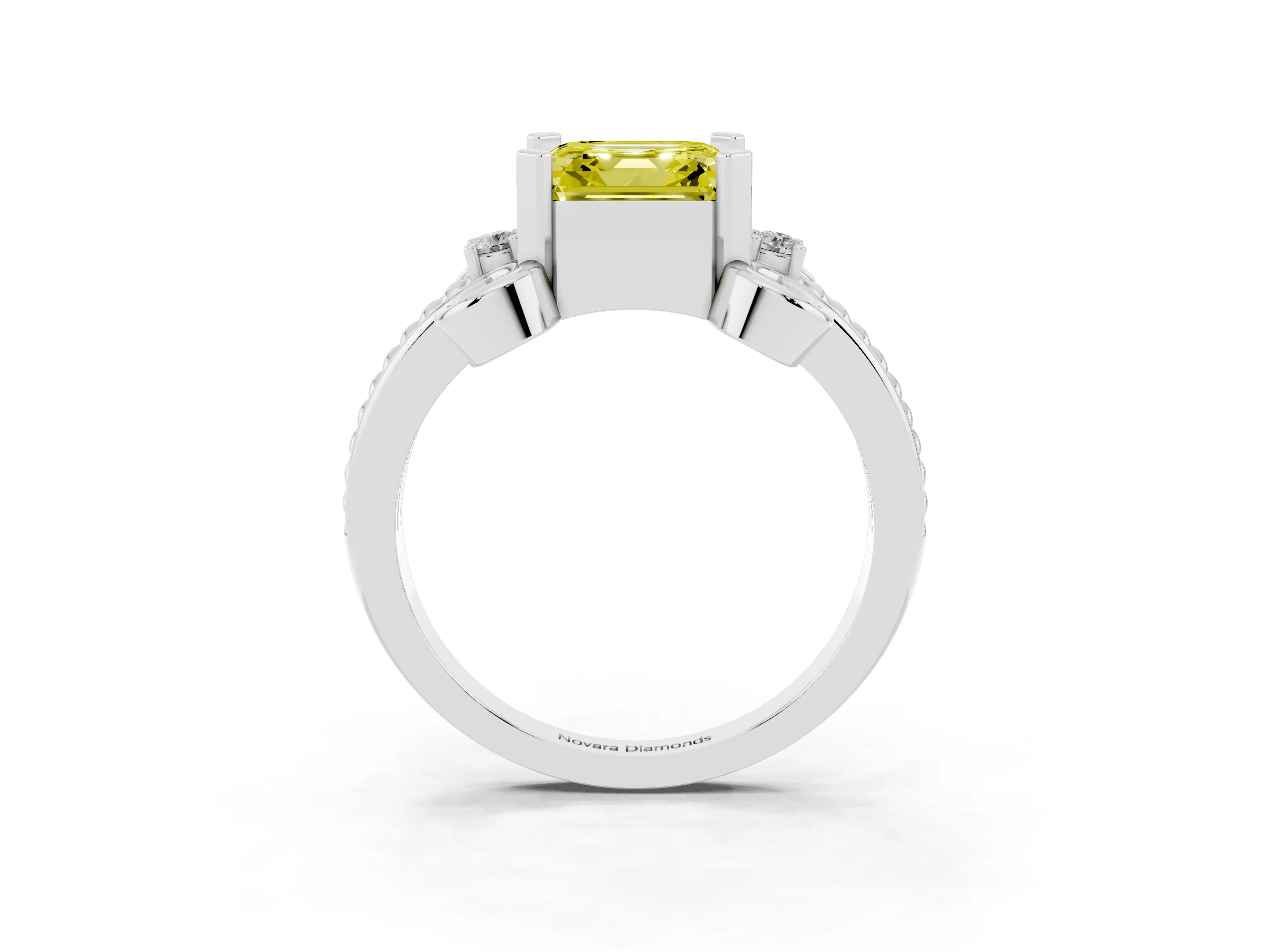 Fancy Yellow Asscher Cut Diamond Twisted Band Solitaire Ring Set in Platinum with Scroll Prongs