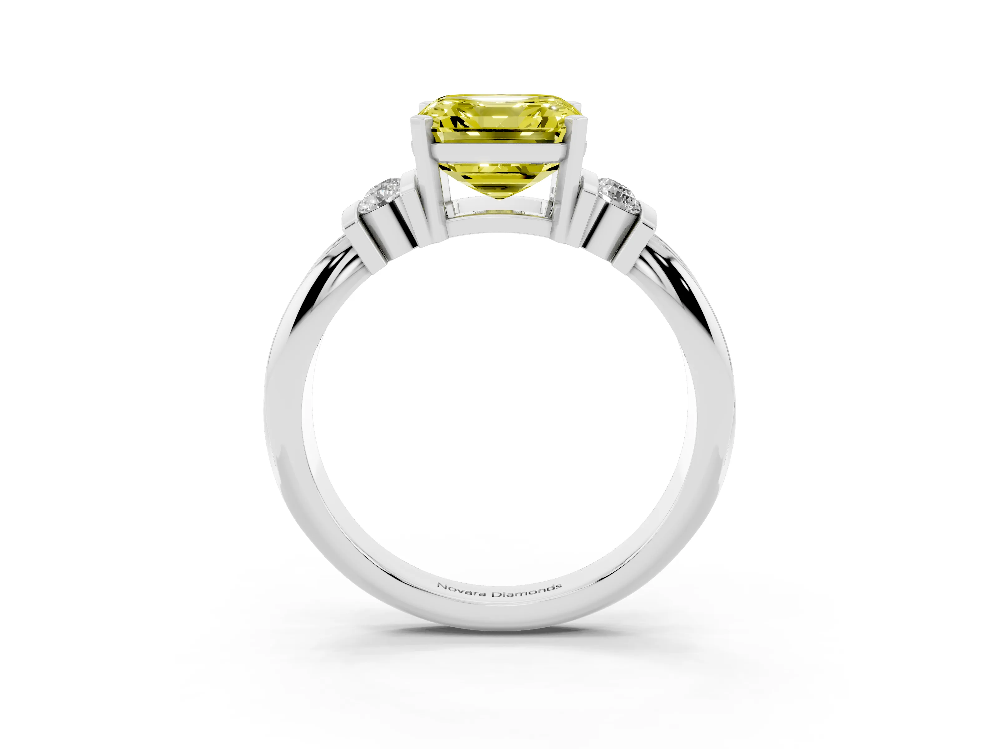 Fancy Yellow Three-Stone Asscher Cut Diamond Channel Set Ring Set in Silver with Bar Prongs