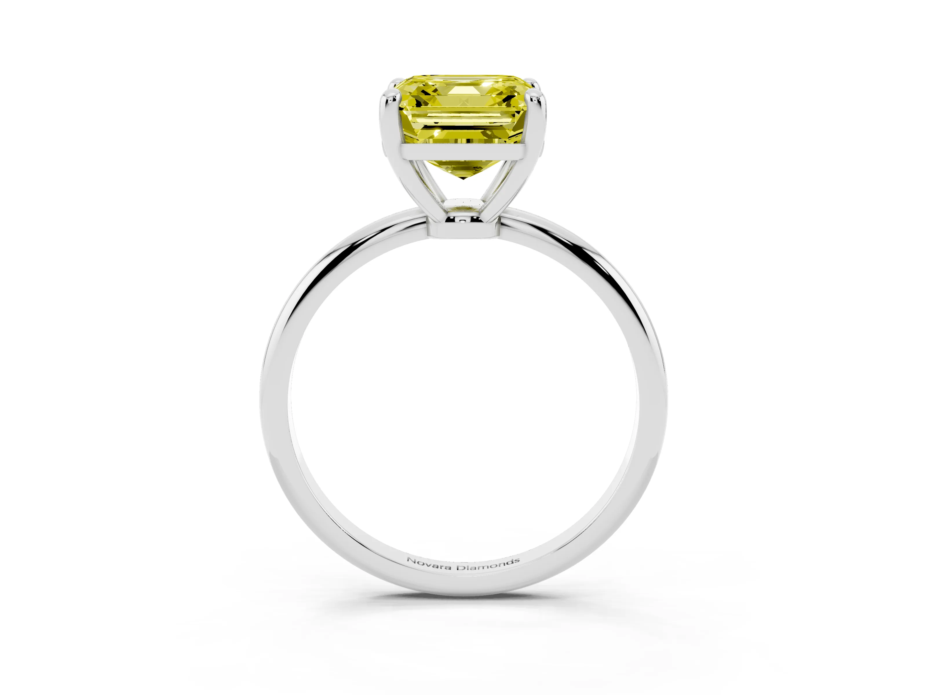 Fancy Yellow Asscher Cut Diamond Solitaire Ring Set in Platinum with Secure Prong Setting on a Classic Band