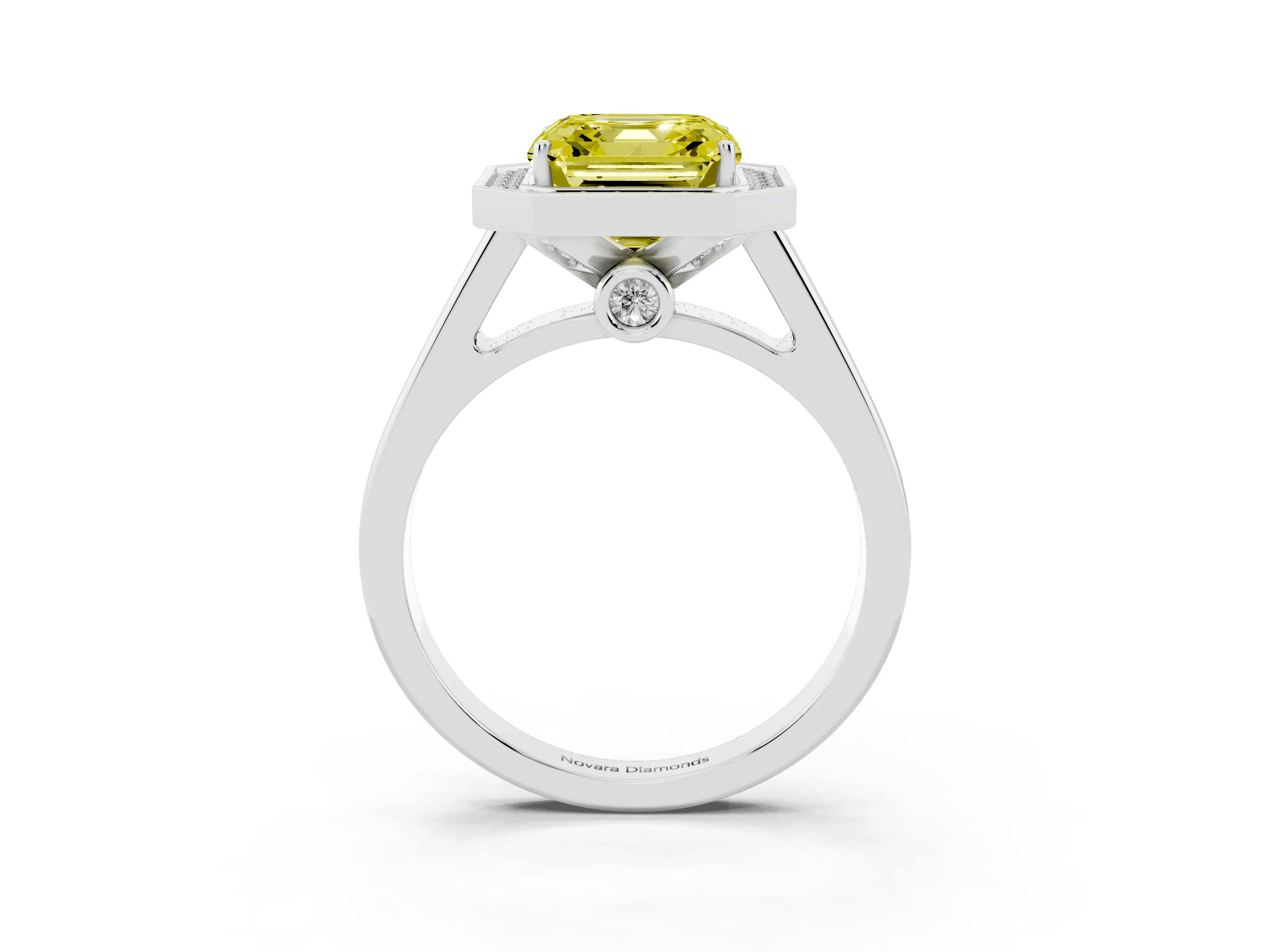 Fancy Yellow Asscher Cut Diamond Halo Solitaire Ring Set in Silver with Pavé Band and Bezel Setting
