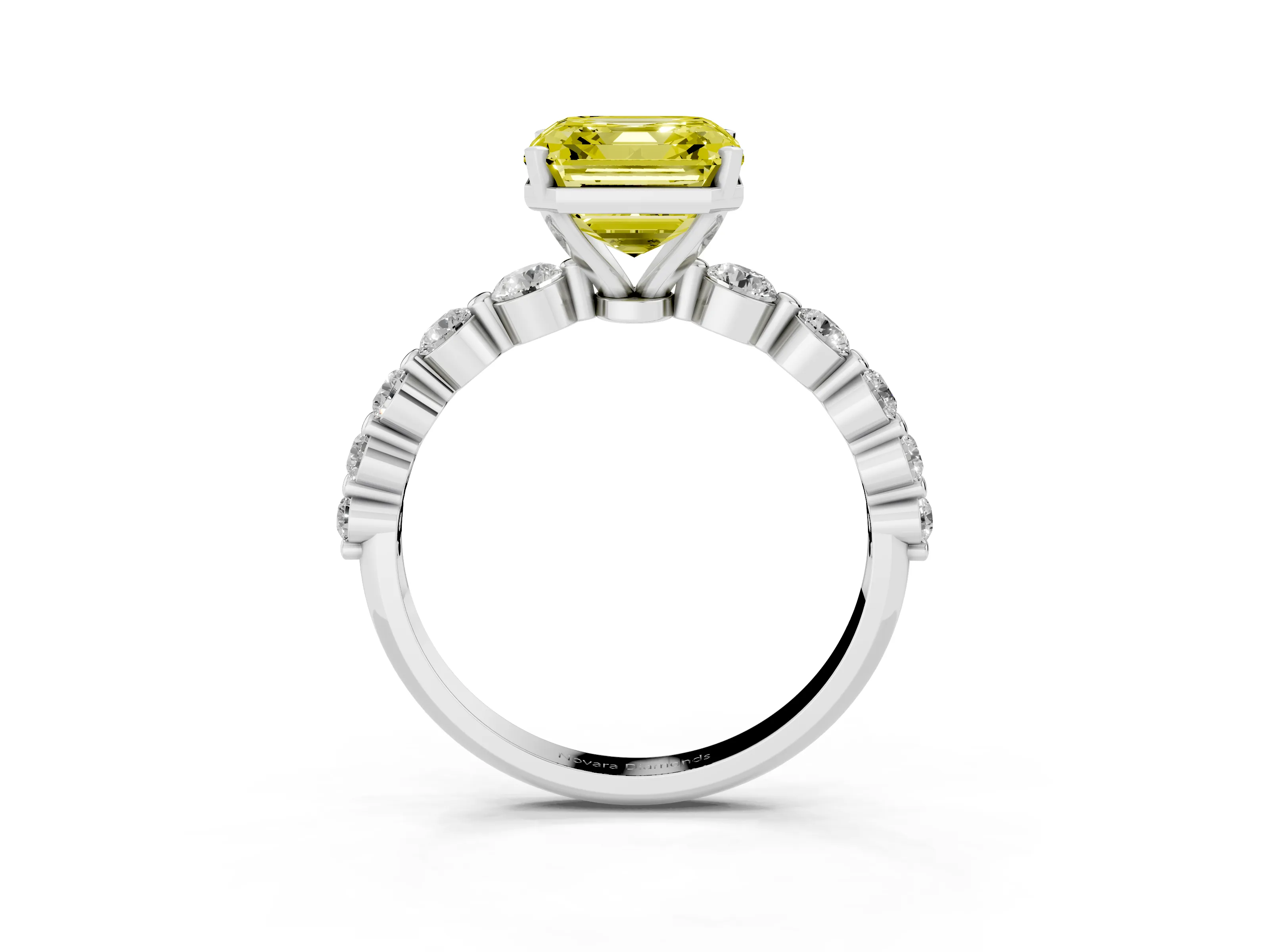 Fancy Yellow Asscher Cut Diamond Solitaire Ring Set in Platinum with Pavé Band and Prong Setting