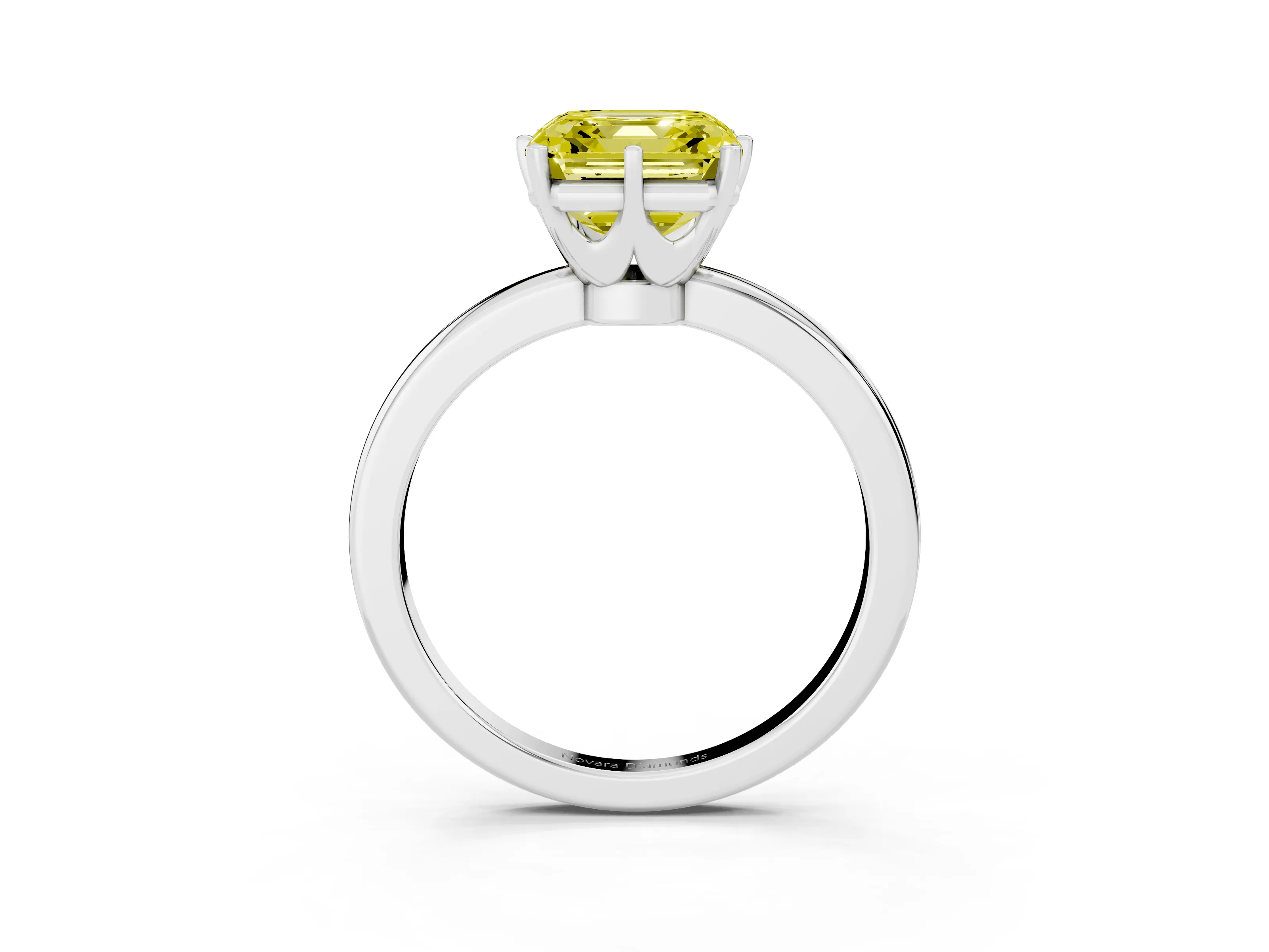 Fancy Yellow Asscher Cut Diamond Solitaire Ring Set in White gold with Raised Prong Setting on a Classic Band