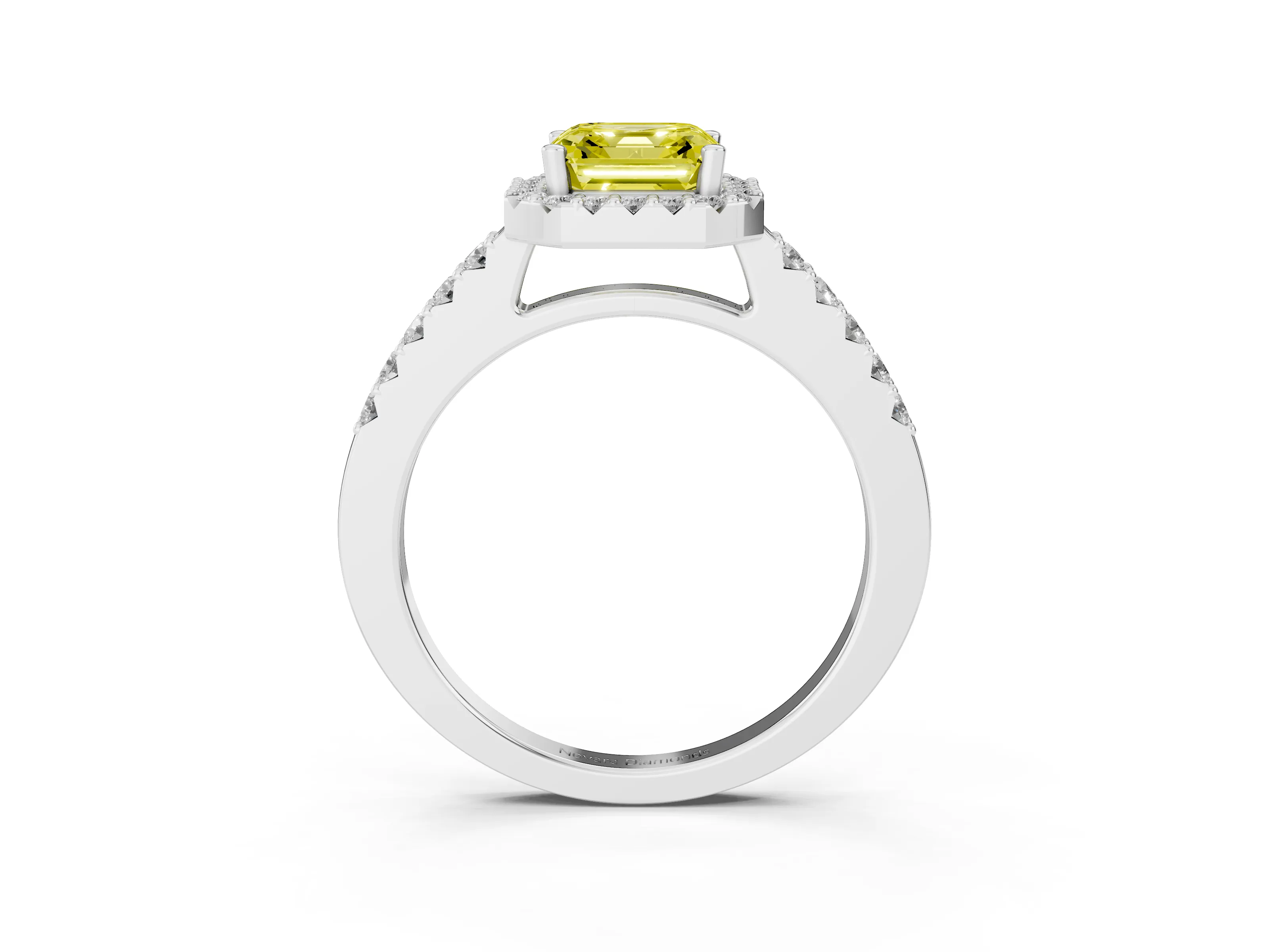 Fancy Yellow Asscher Cut Diamond Halo Pavé Solitaire Ring Set in Platinum with Prong-Set Center Stone