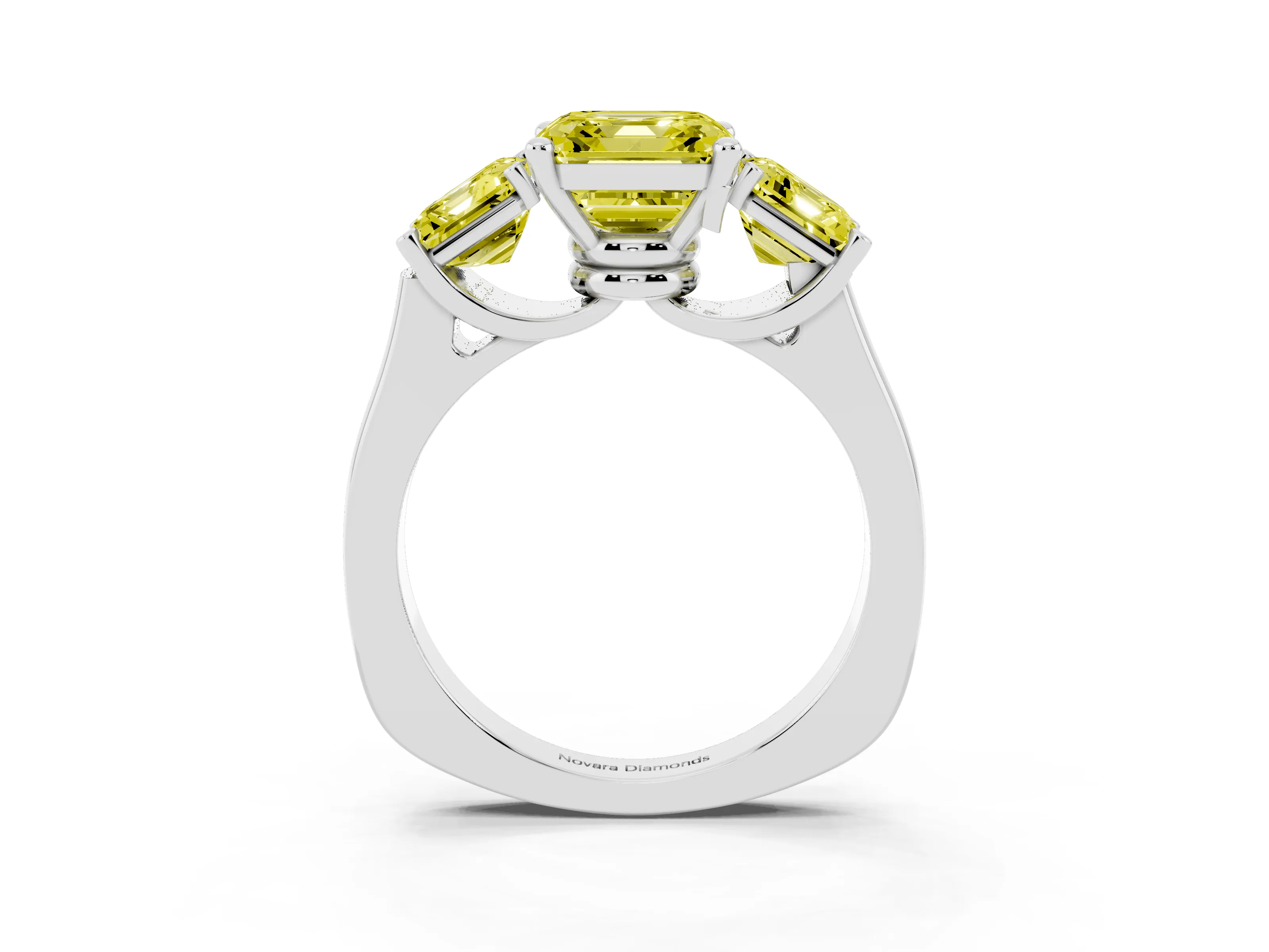 Fancy Yellow Asscher Cut Diamond Three-Stone Trellis Ring Set in Platinum with Comfort Fit Band