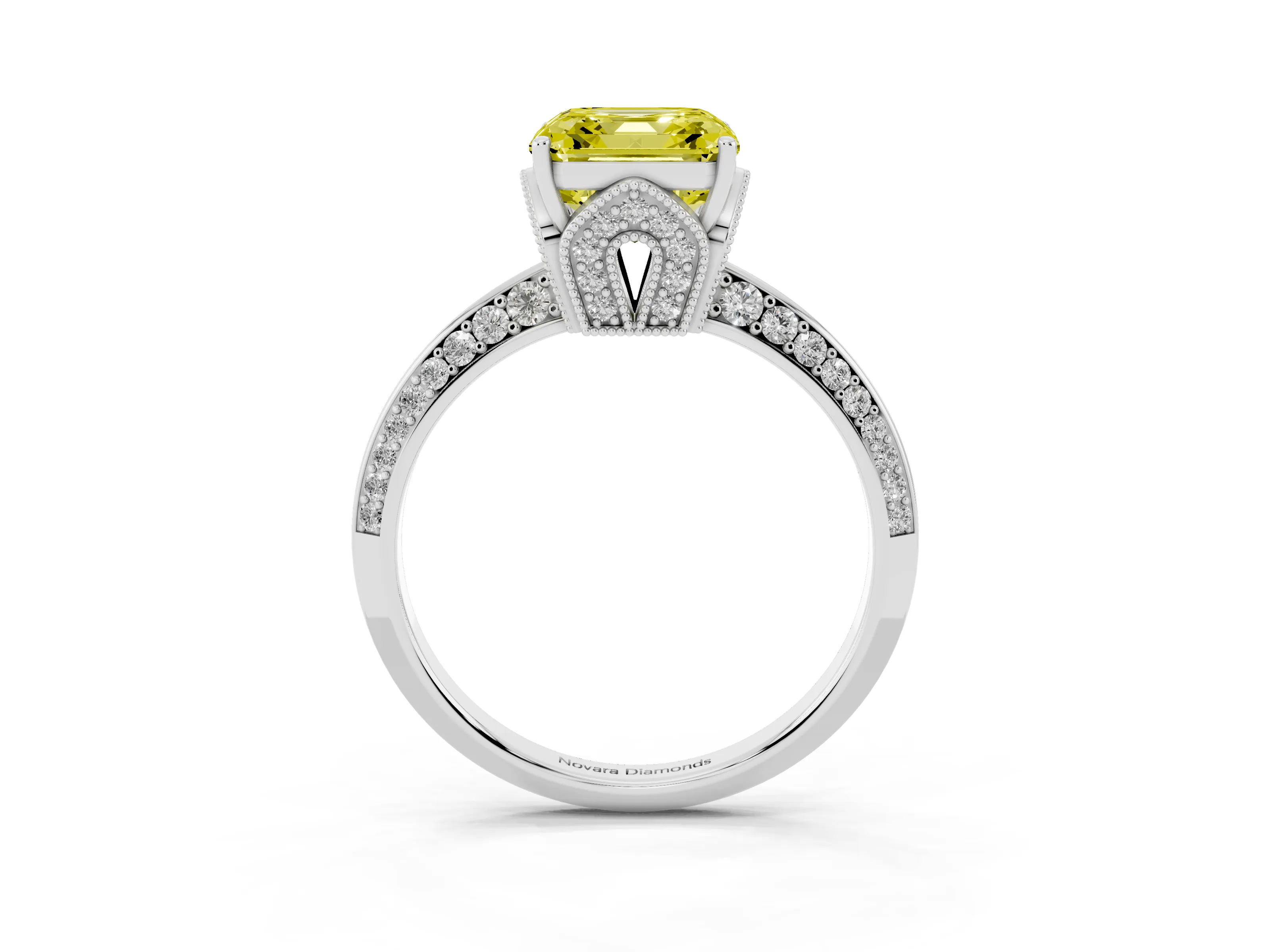 Fancy Yellow Asscher Cut Diamond Solitaire Engagement Ring Set in Platinum with Pavé Split Shank and Prong Setting
