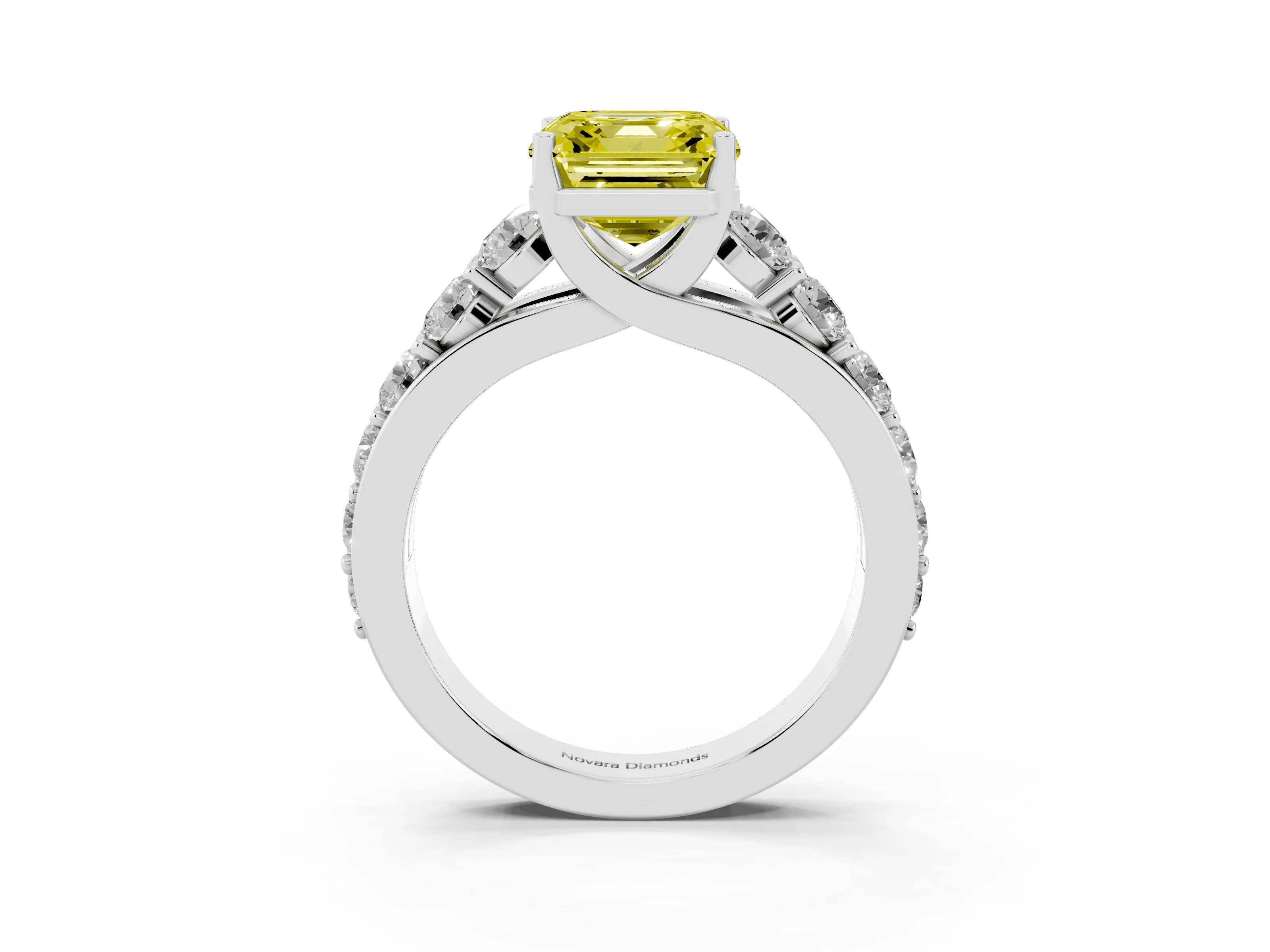Fancy Yellow Asscher Cut Diamond Pavé Engagement Ring Set in Platinum with Prong Setting