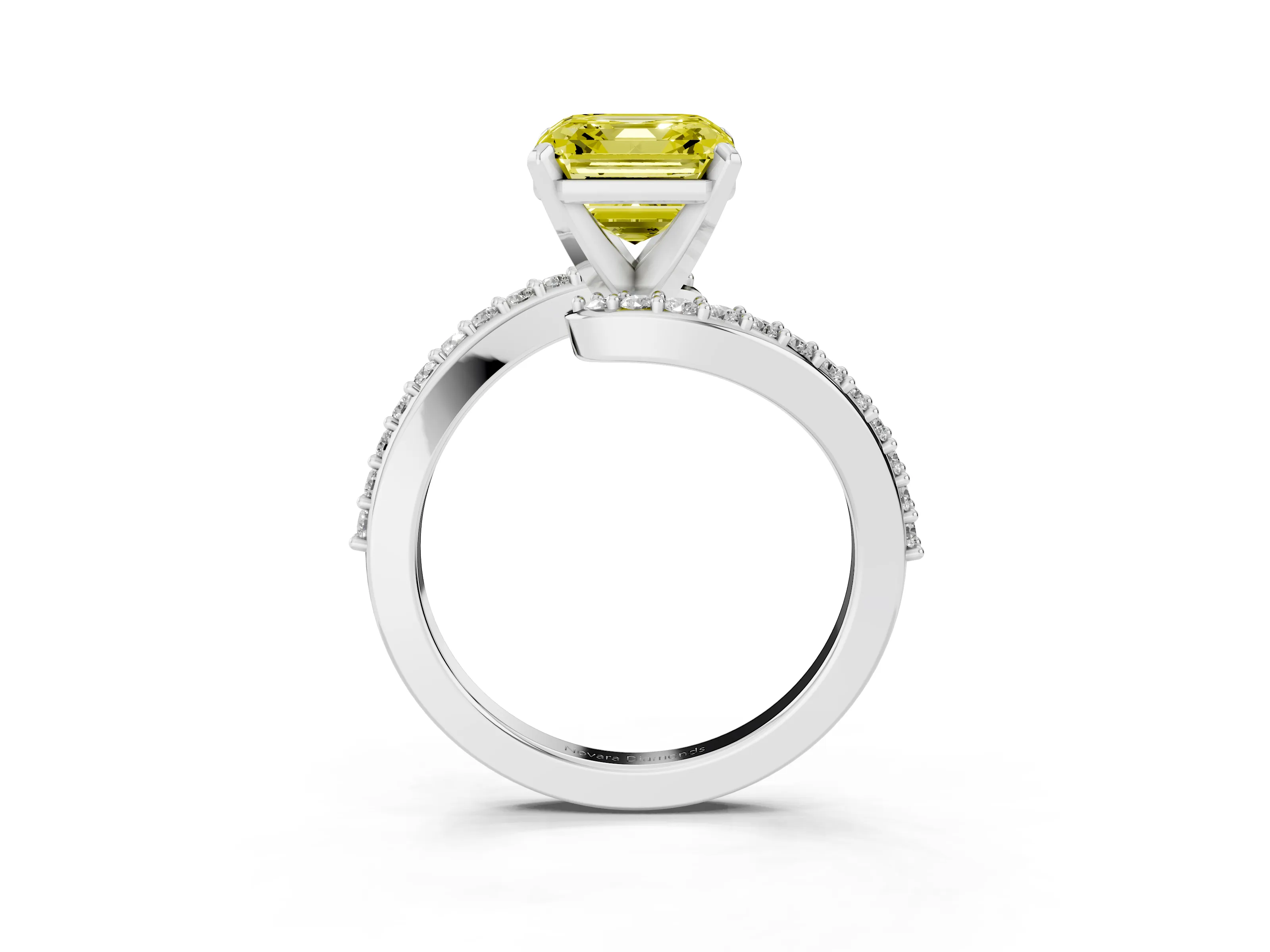 Fancy Yellow Asscher Cut Diamond Solitaire Ring Set in Platinum with Pavé Twist Band and Prong Setting