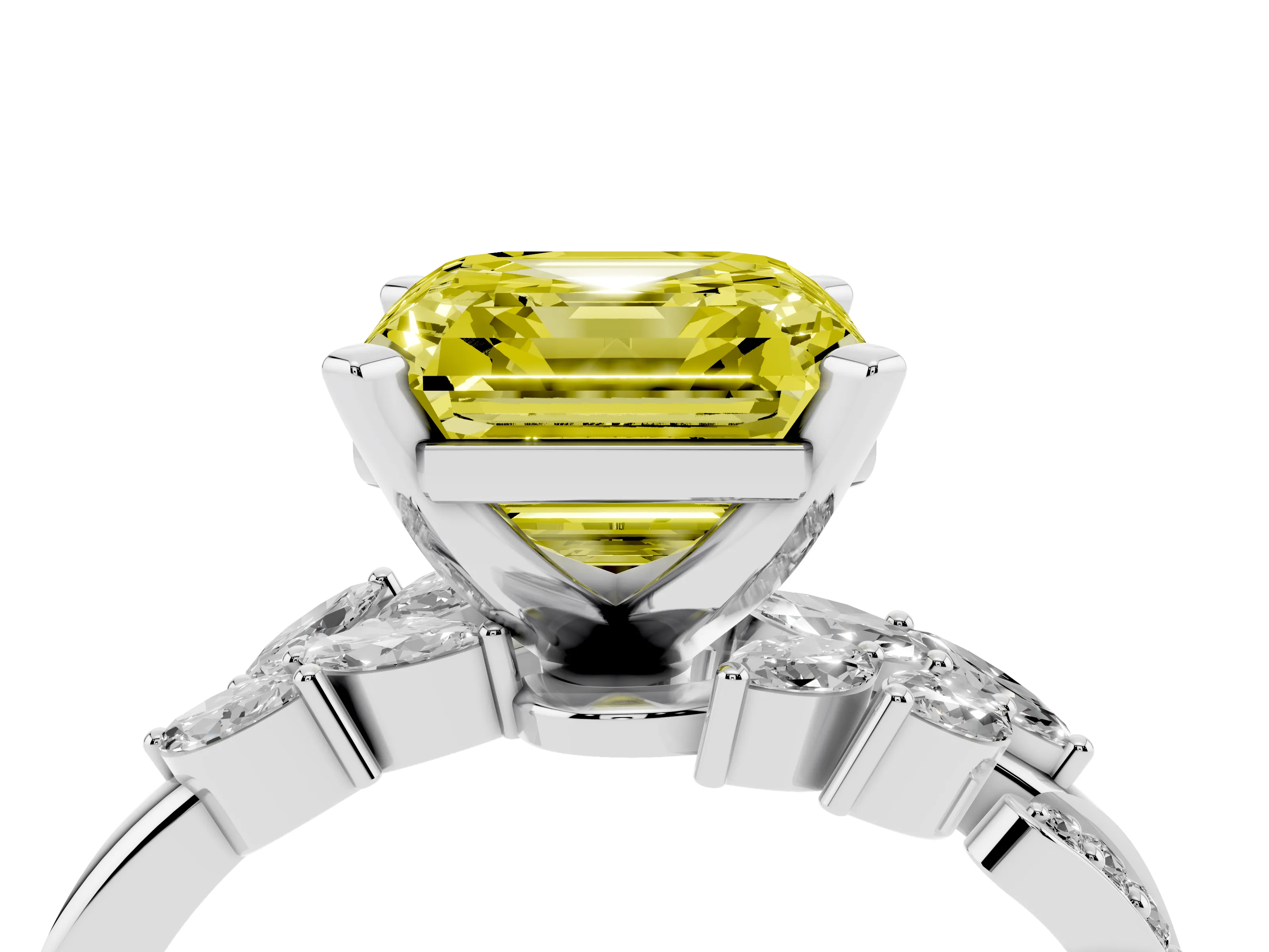 Fancy Yellow Asscher Cut Diamond Solitaire Ring Set in Platinum with Marquise Twist Band and Prong Setting