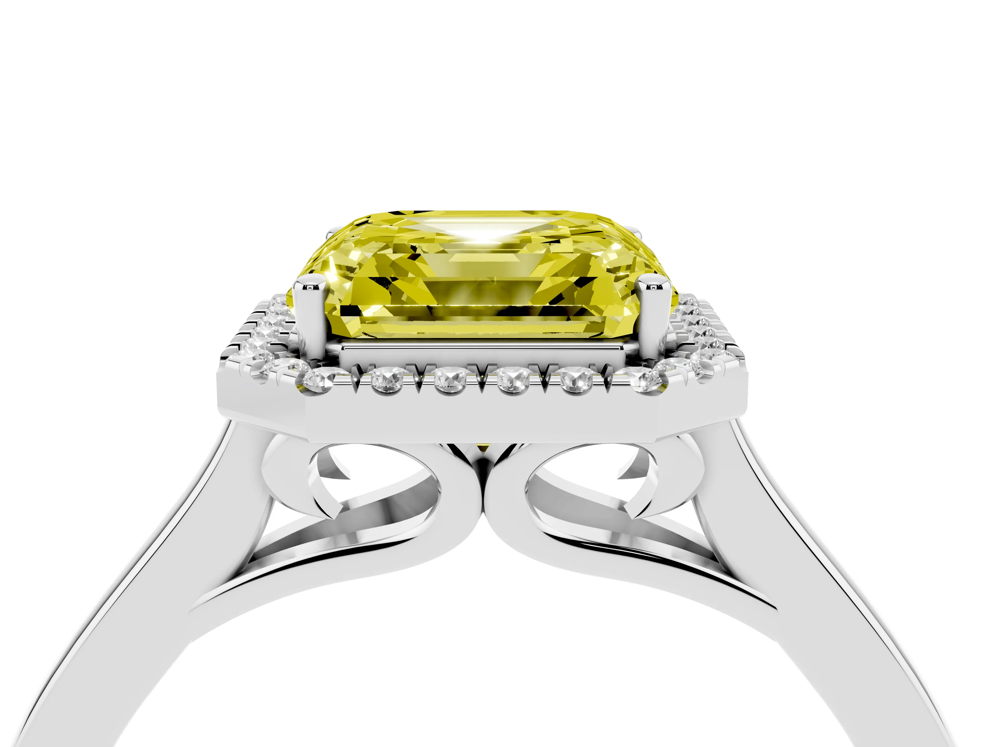 Fancy Yellow Asscher Cut Halo Round Diamond Solitaire Ring Set in Silver with Pavé Band and Prong Setting