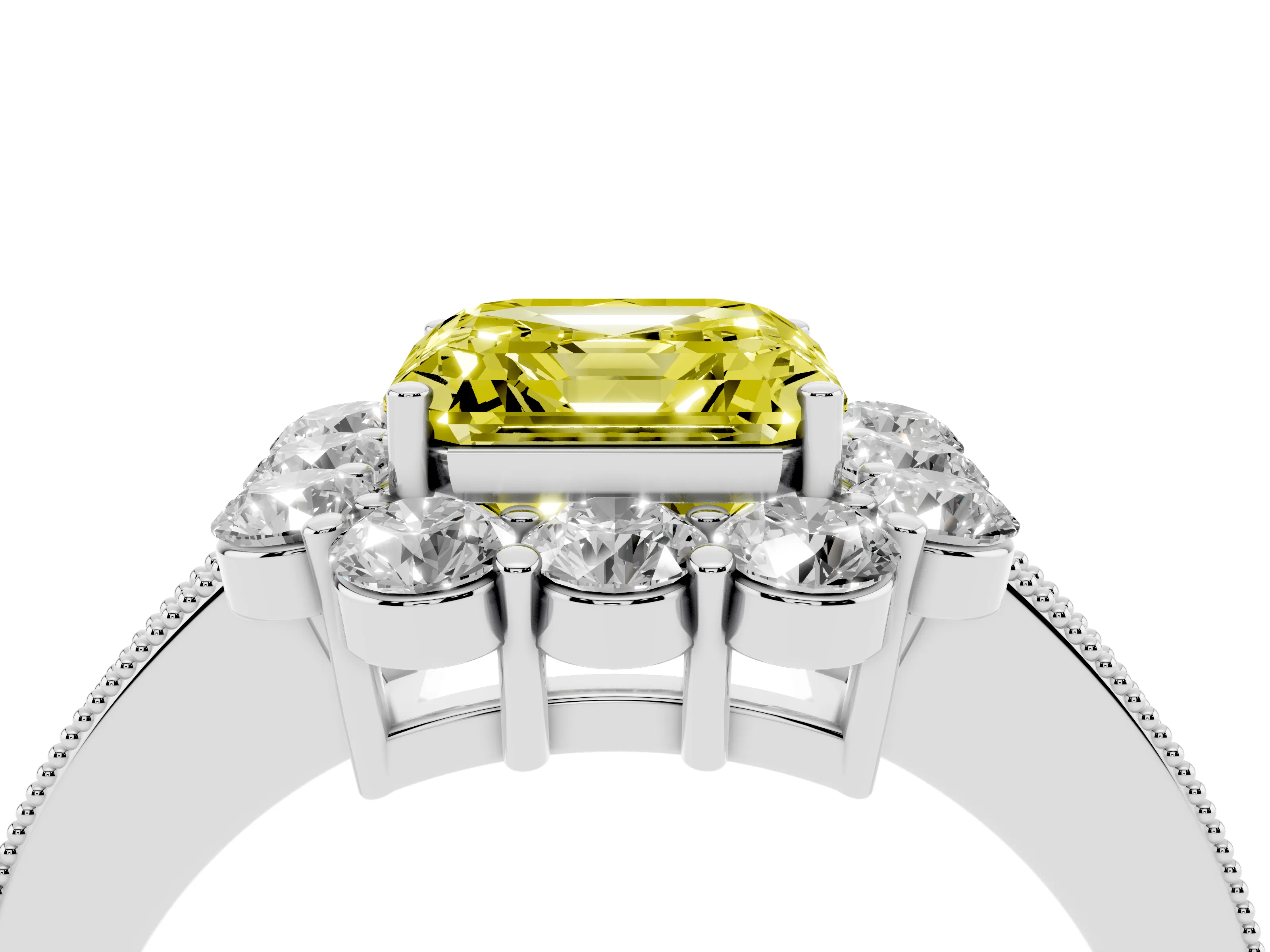 Fancy Yellow Asscher Cut Diamond Halo Pavé Engagement Ring Set in White gold with Milgrain Detailing