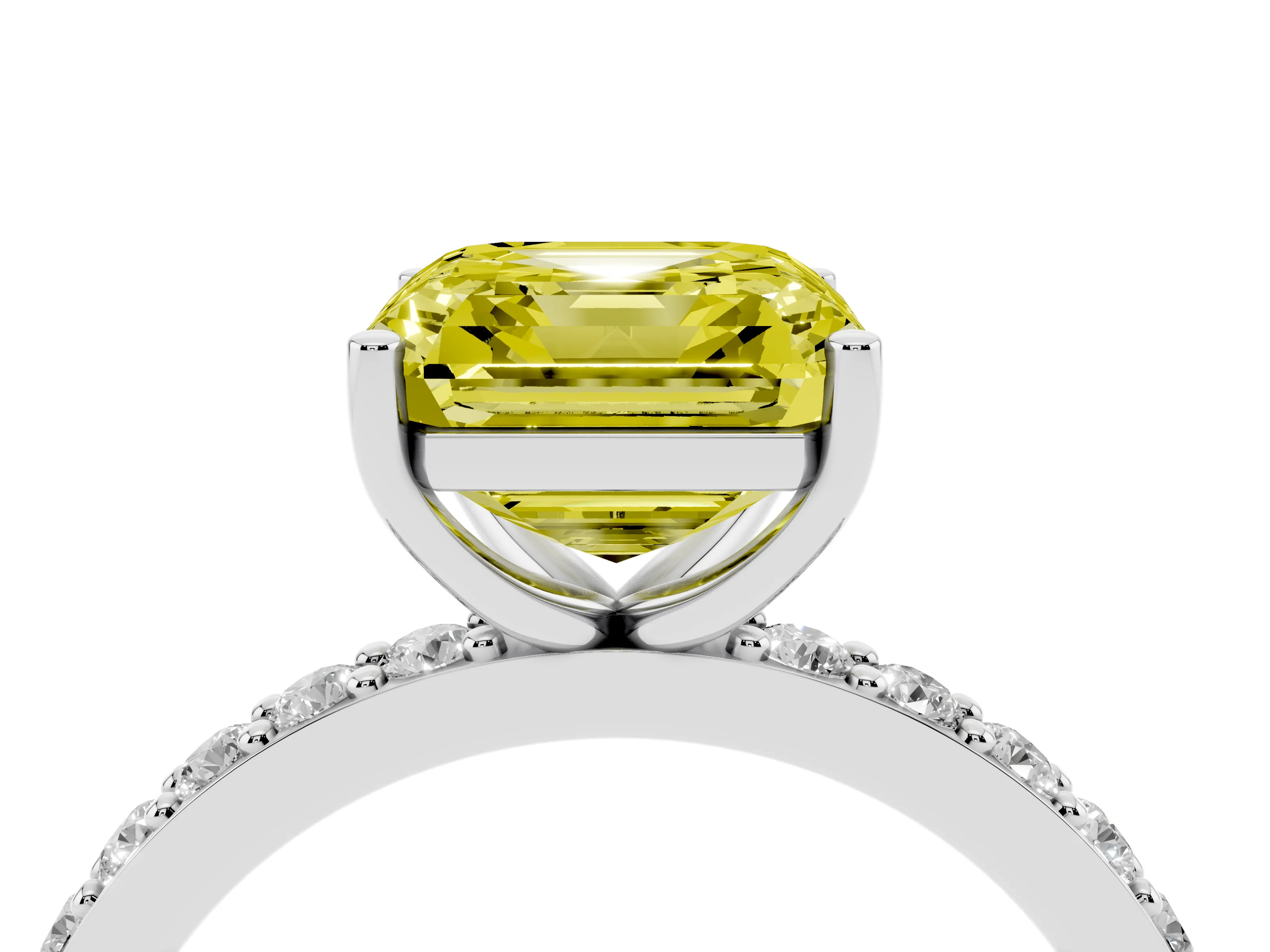 Fancy Yellow Asscher Cut Diamond Solitaire Set in Silver with Round Pavé Band and Prong Setting
