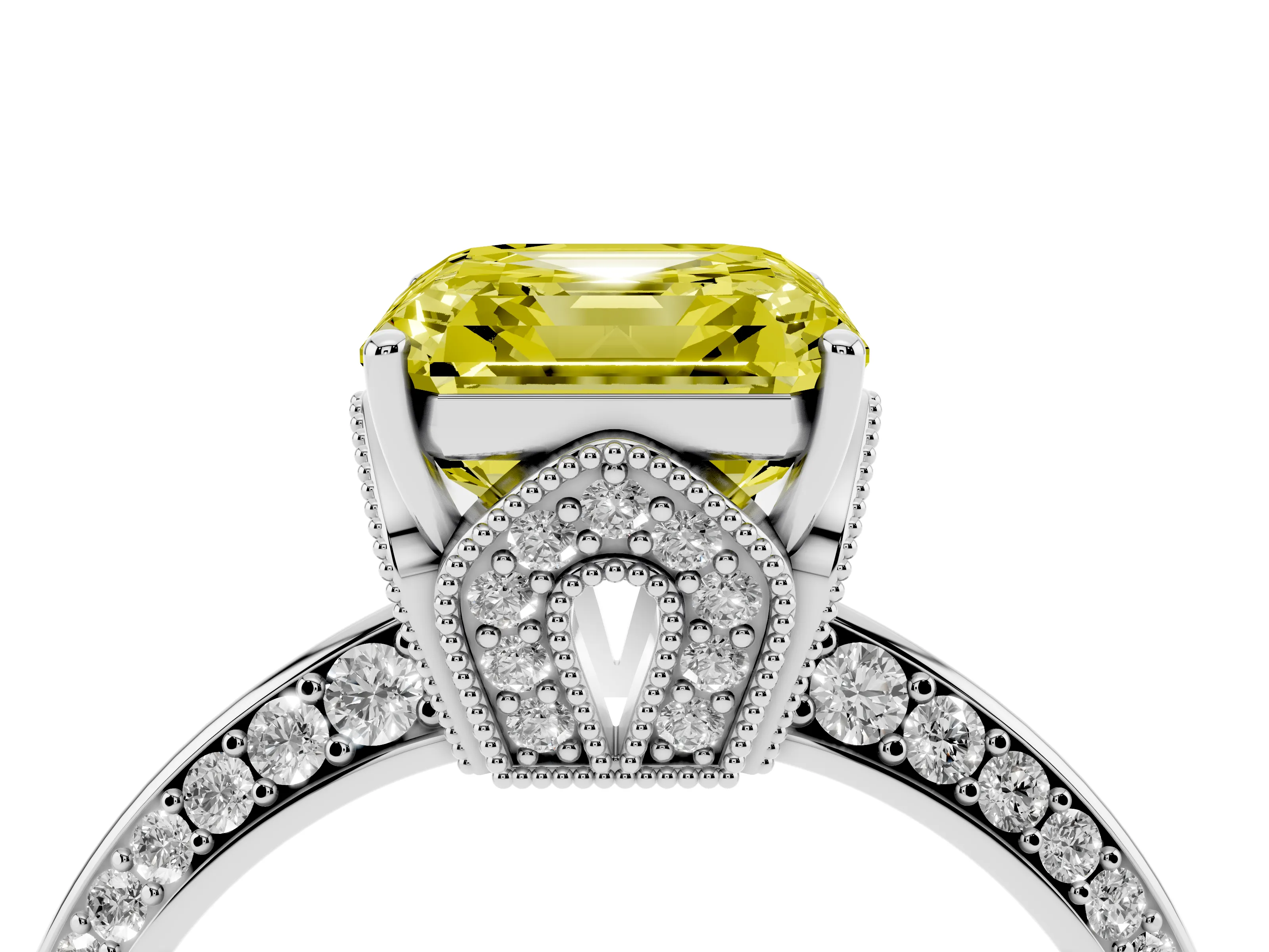 Fancy Yellow Asscher Cut Diamond Solitaire Engagement Ring Set in Platinum with Pavé Split Shank and Prong Setting