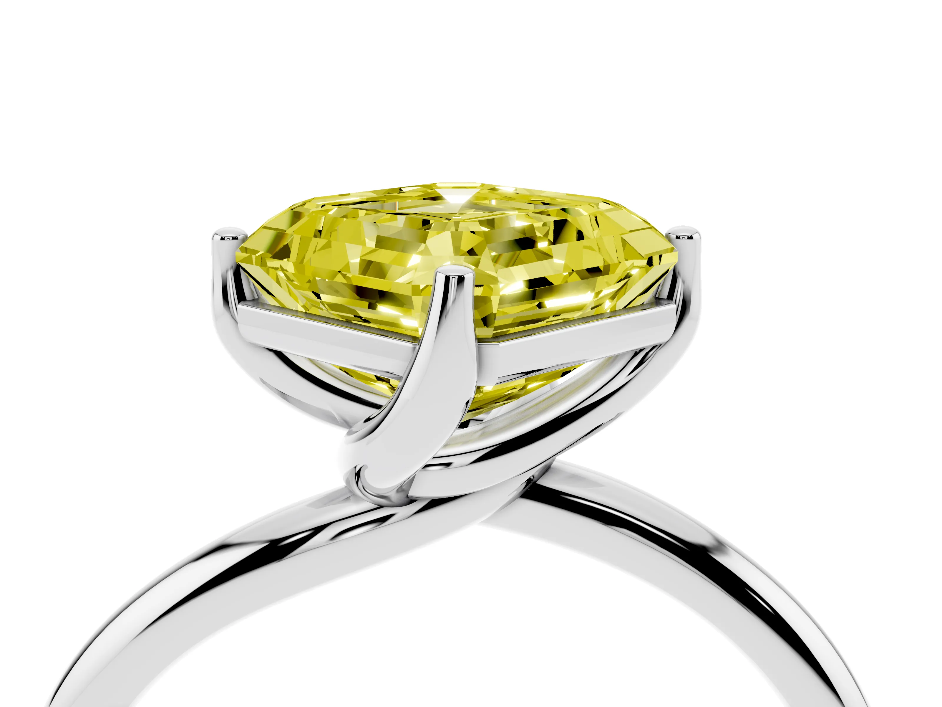 Fancy Yellow Asscher Cut Diamond Solitaire Engagement Ring Set in White gold with Classic Plain Band