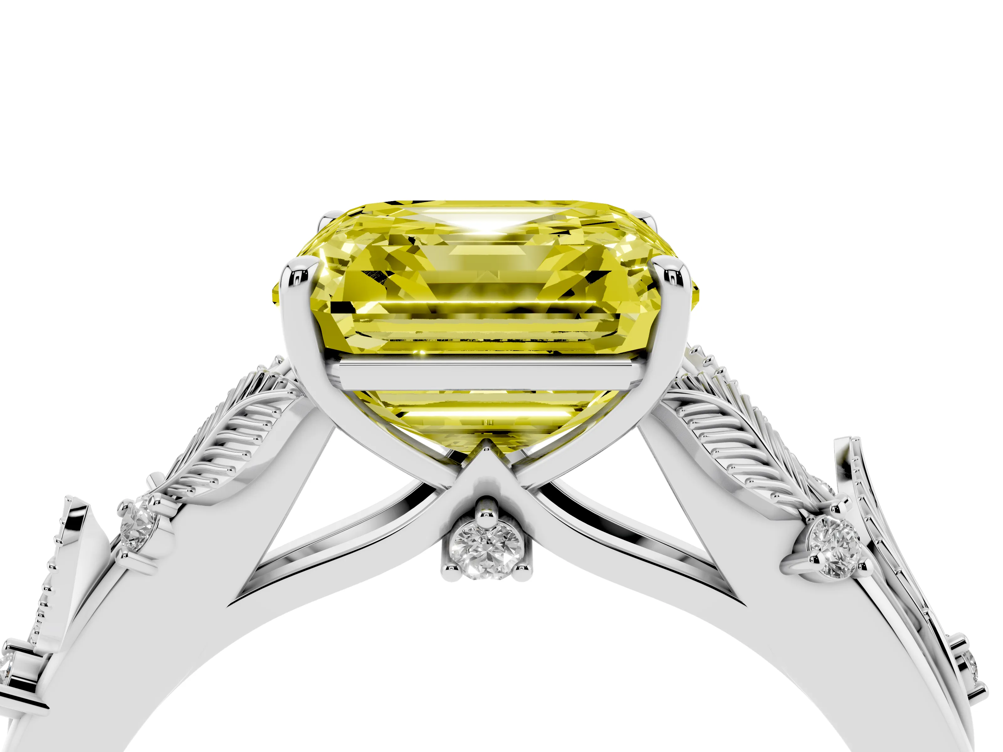 Fancy Yellow Asscher Cut Diamond Solitaire Ring Set in White gold with Leaf Motif Band