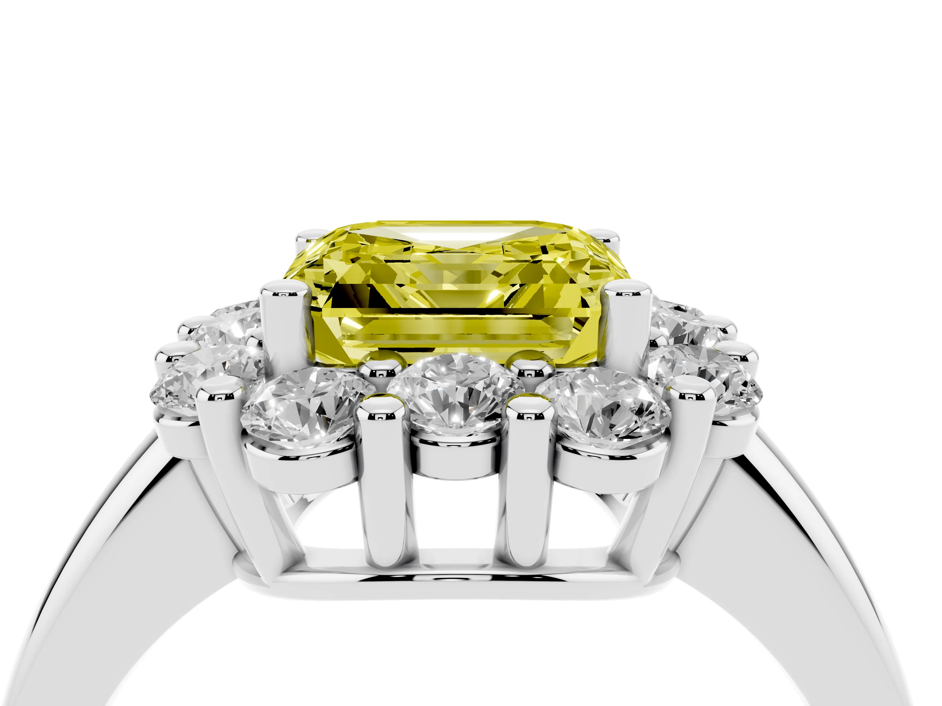 Fancy Yellow Asscher Cut Diamond Halo Cluster Engagement Ring Set in White gold with Polished Band and Prong Setting