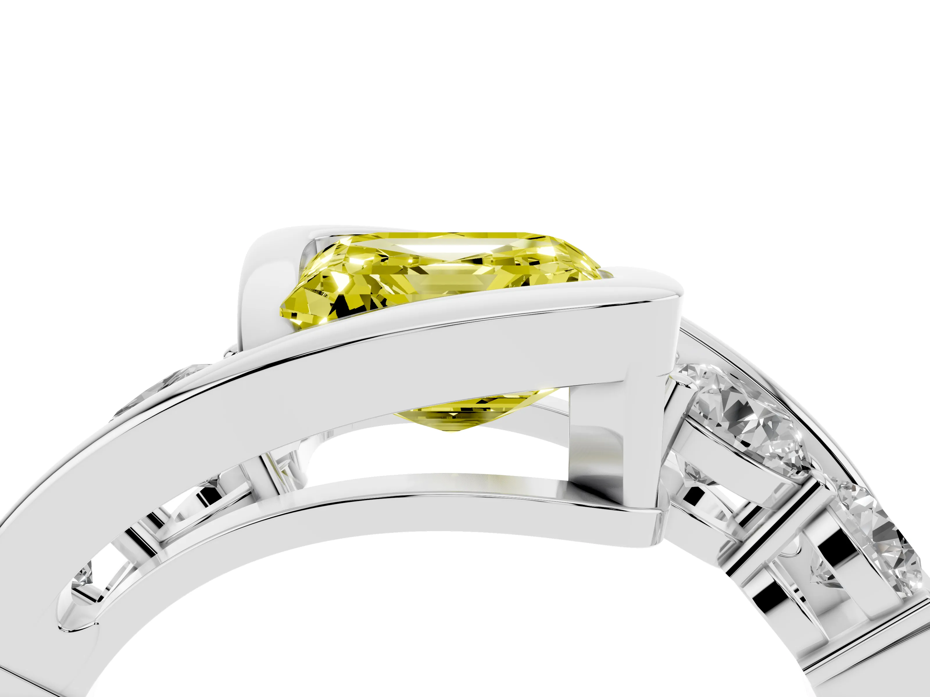 Fancy Yellow Asscher Cut Diamond Bezel Bypass Ring Set in Silver with Round Accents