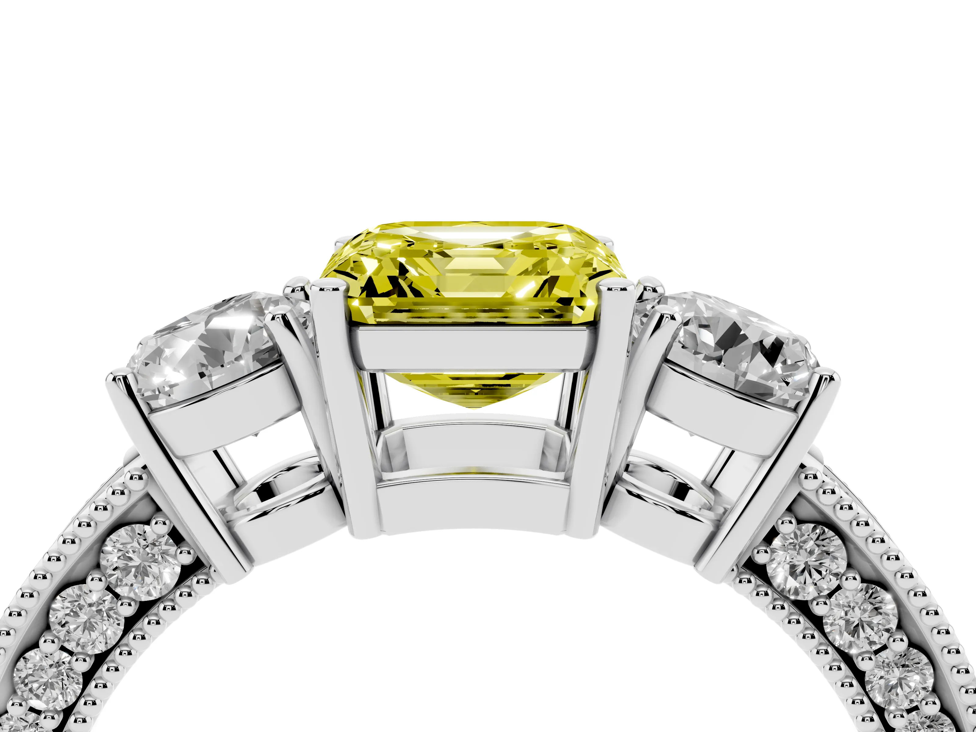 Fancy Yellow Asscher Cut Diamond Three-Stone Ring Set in White gold with Round Side Stones and Pavé Band