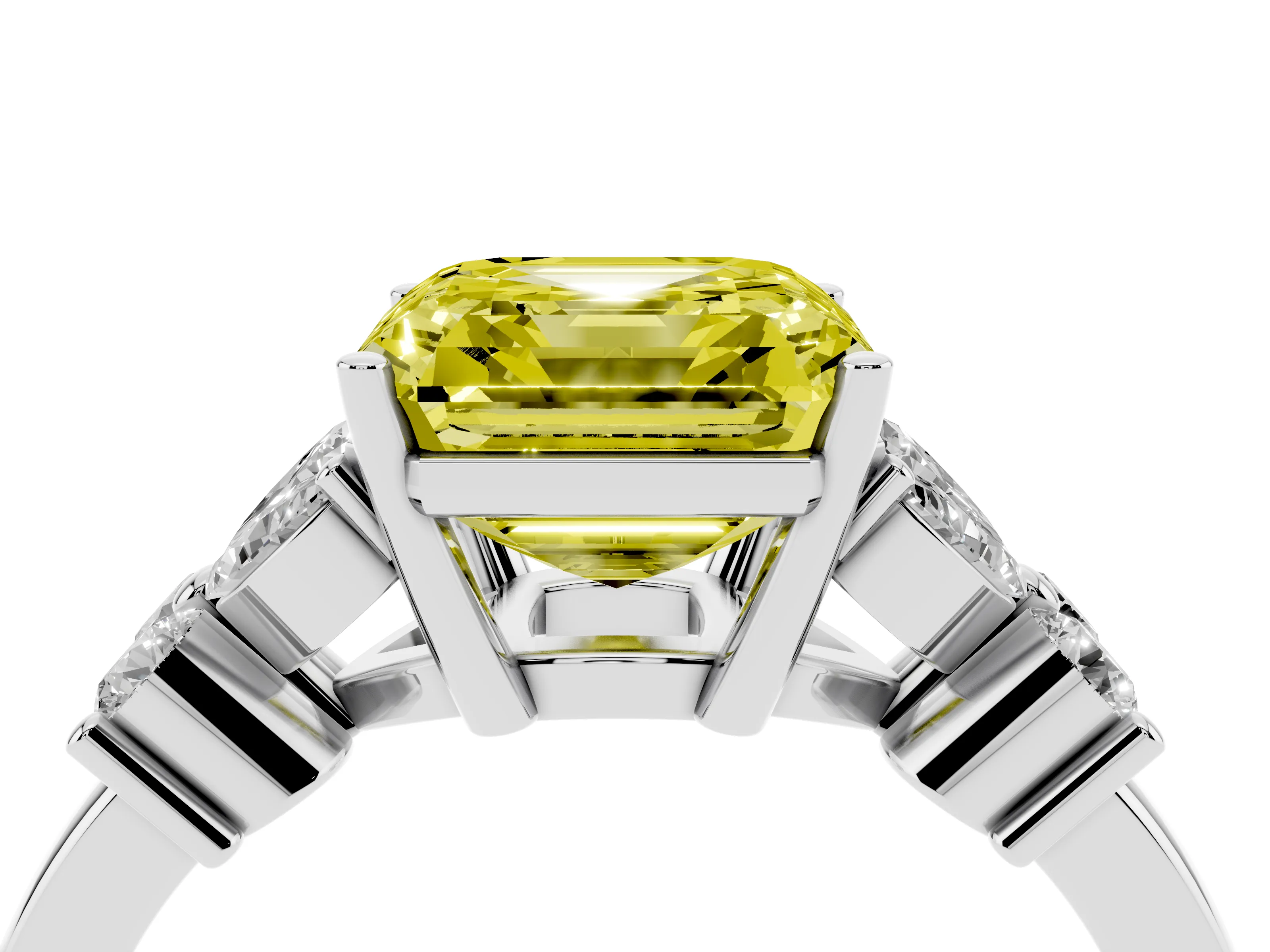 Fancy Yellow Asscher Cut Diamond Floral Cluster Ring Set in Platinum with Marquise Petals and Prong Setting