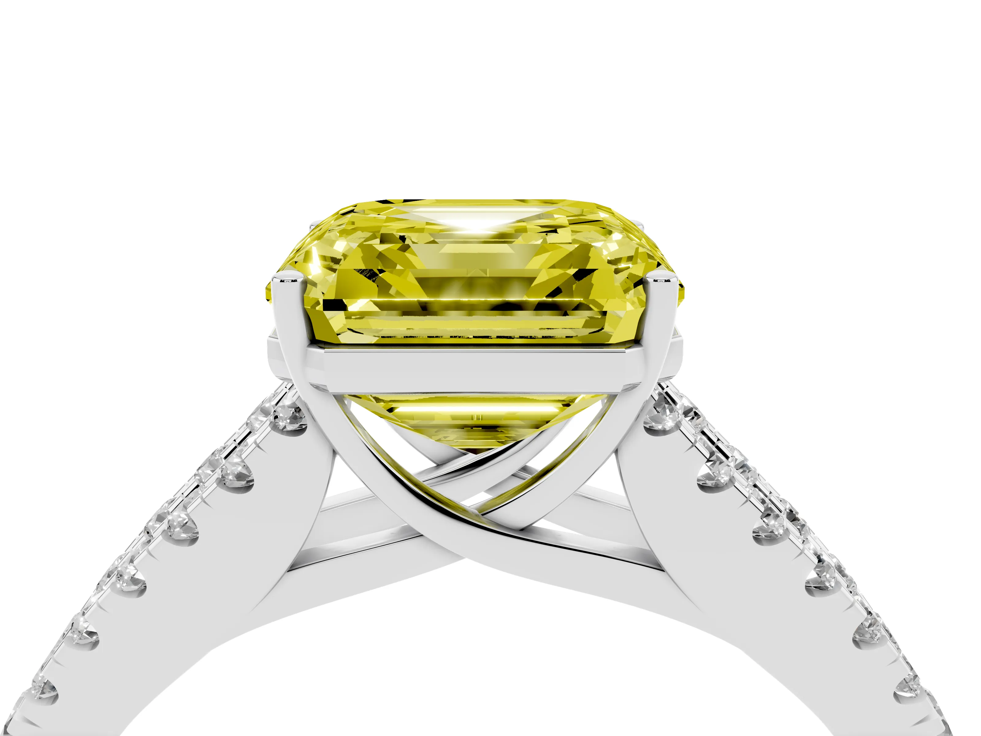 Fancy Yellow Asscher Cut Diamond Split Shank Engagement Ring Set in White gold with Round Pavé and Prong Setting